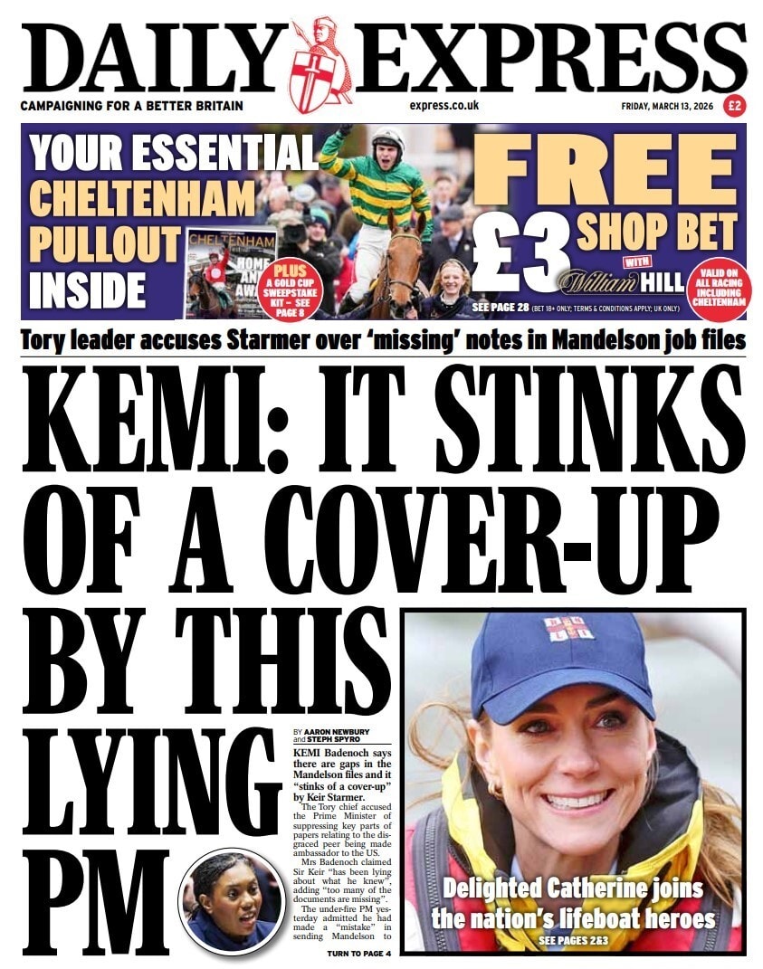 Front page of Daily Express, 13 March 2026