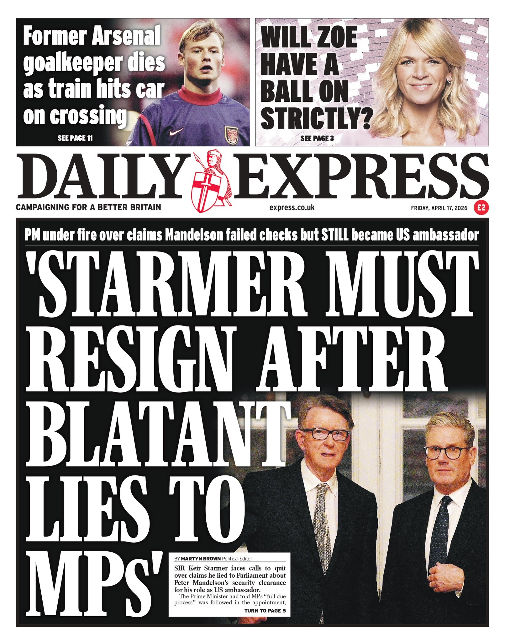 Front page of Daily Express, 17 April 2026