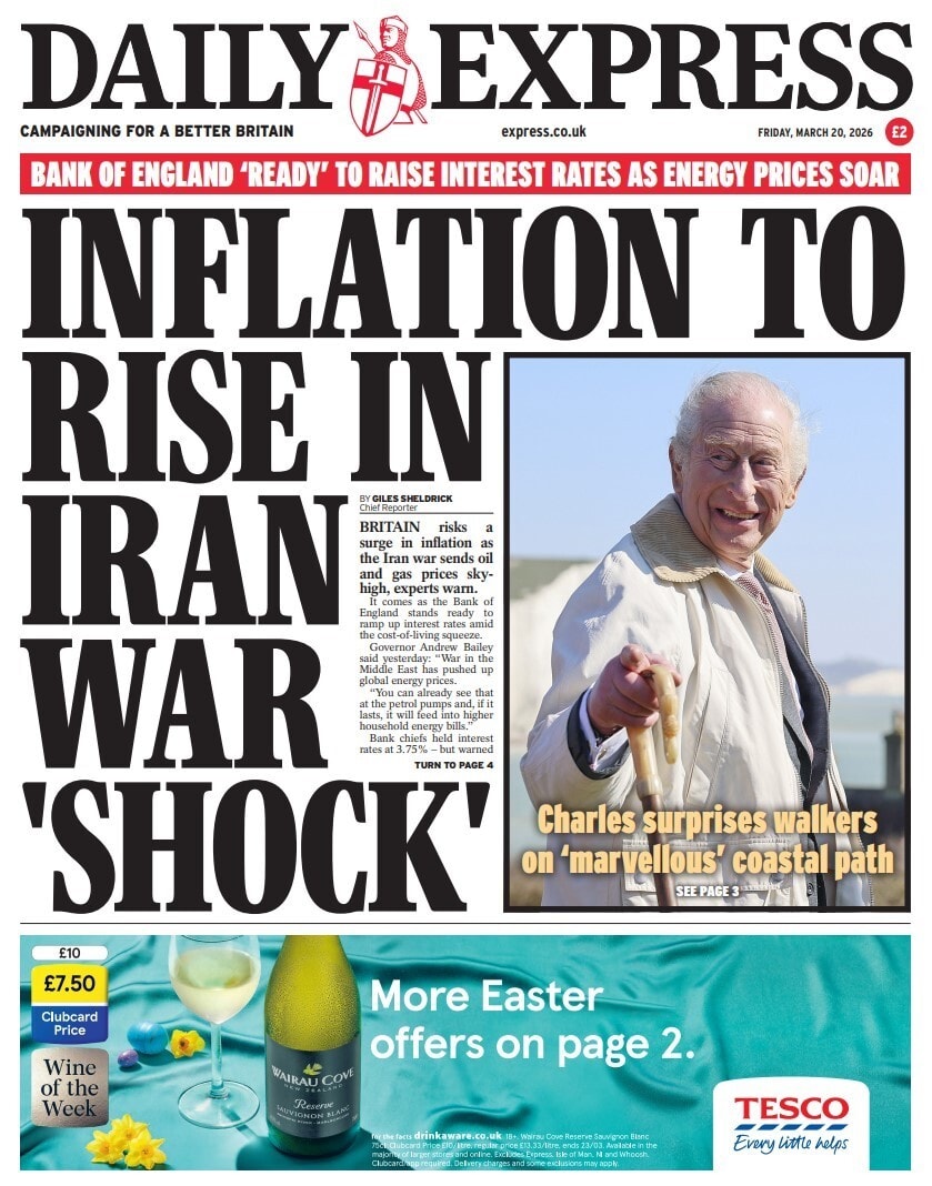 Front page of Daily Express, 20 March 2026