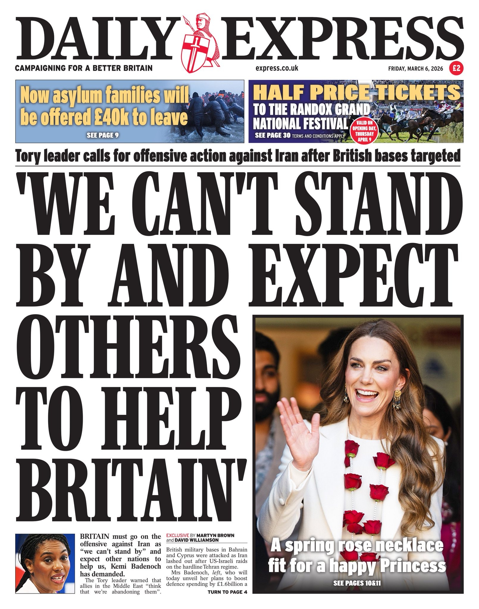 Front page of Daily Express, 6 March 2026