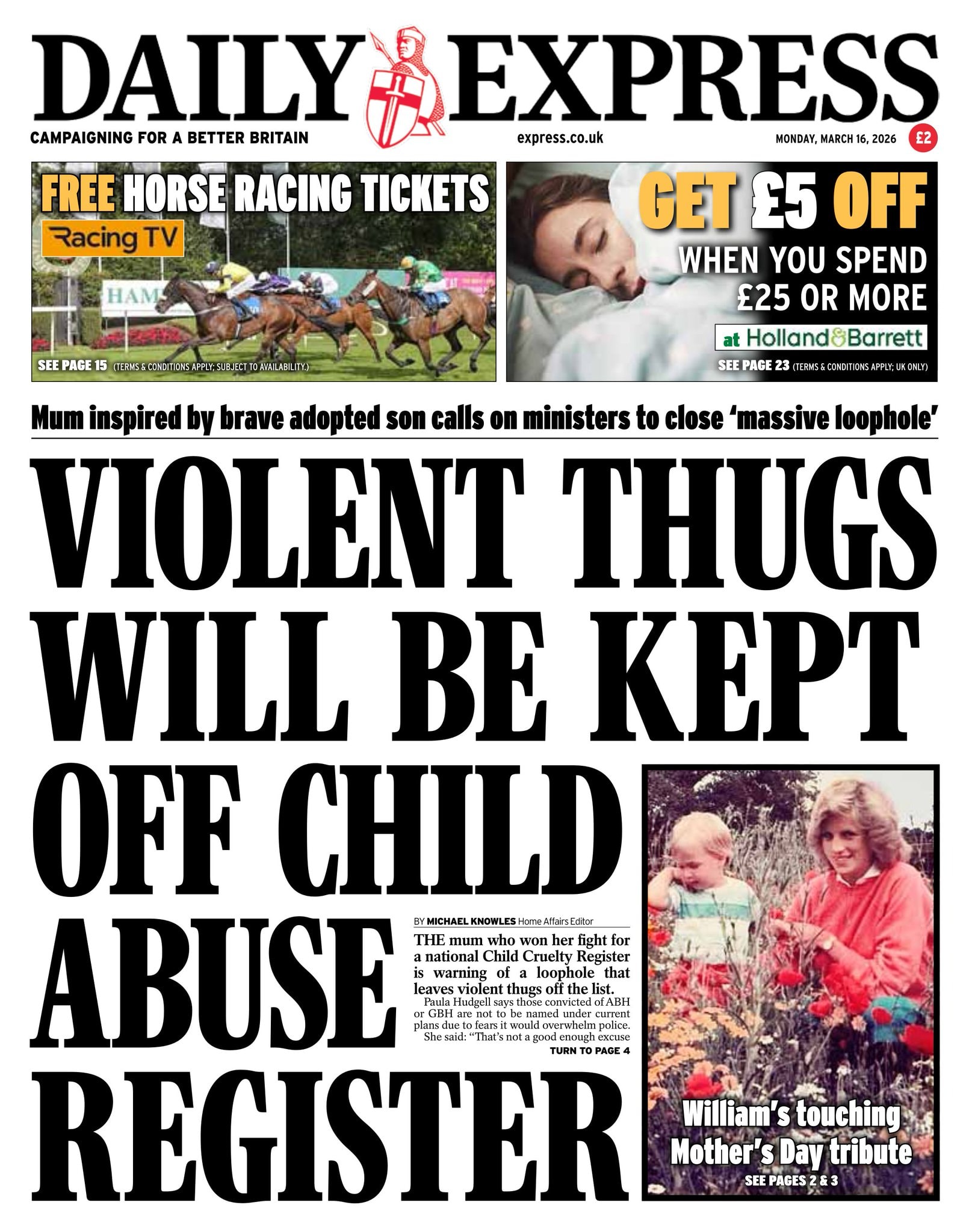Front page of Daily Express, 16 March 2026