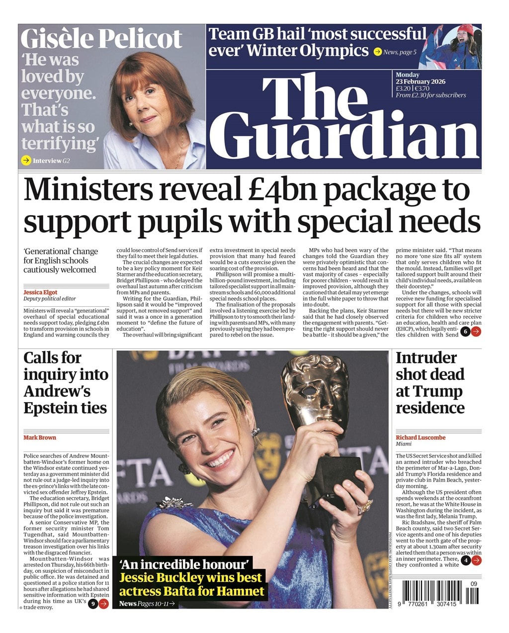 Front page of Daily Express, 23 February 2026