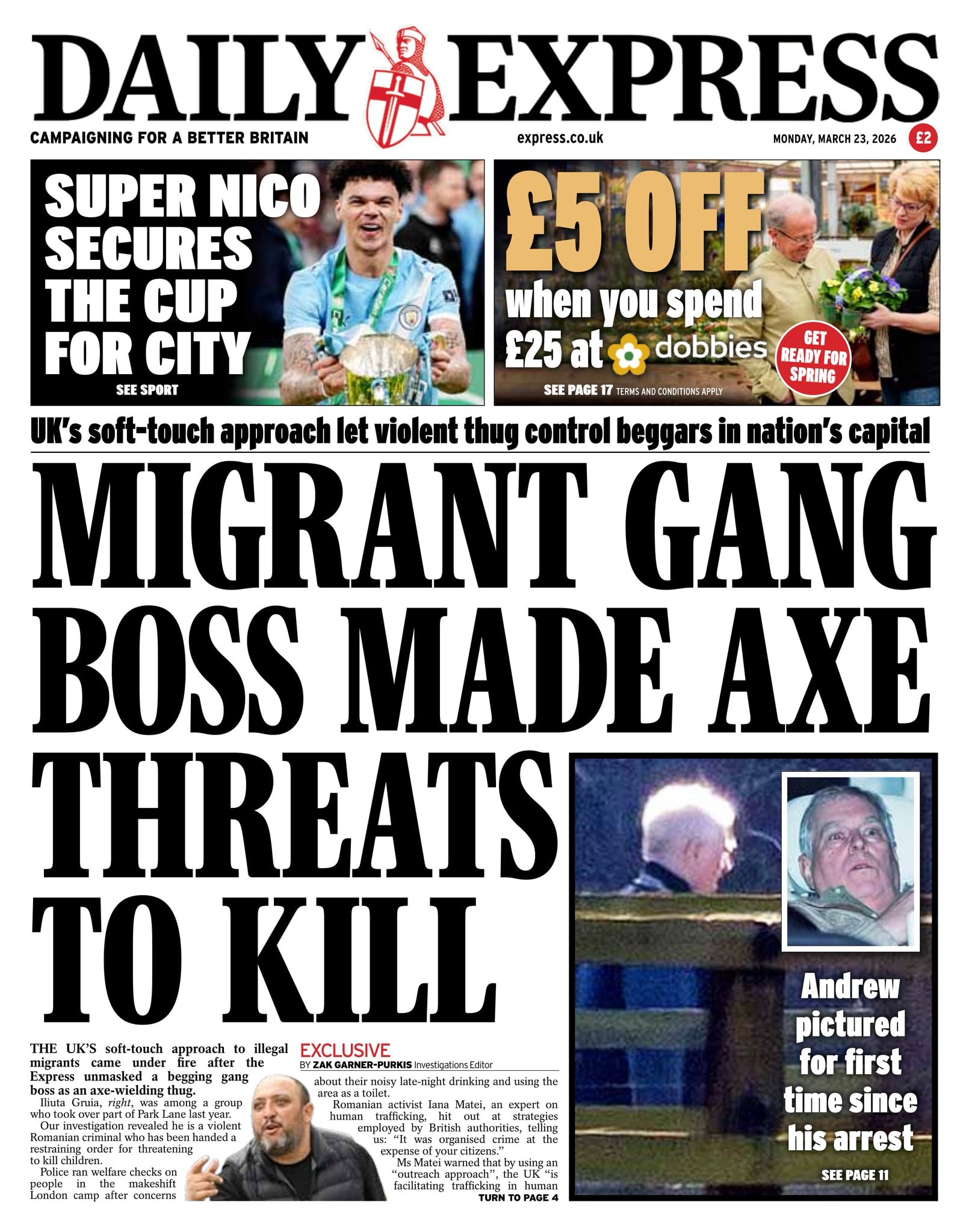 Front page of Daily Express, 23 March 2026