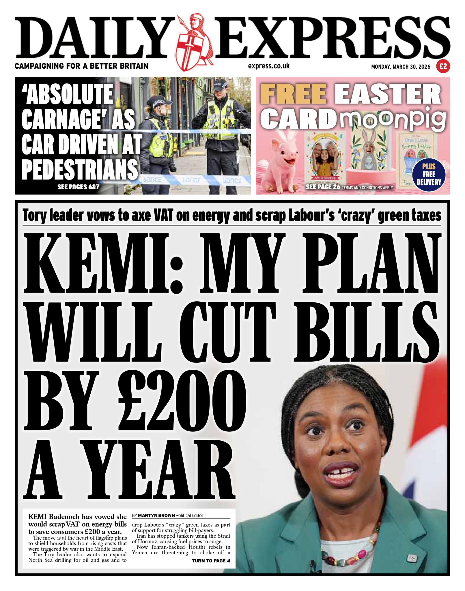 Front page of Daily Express, 30 March 2026