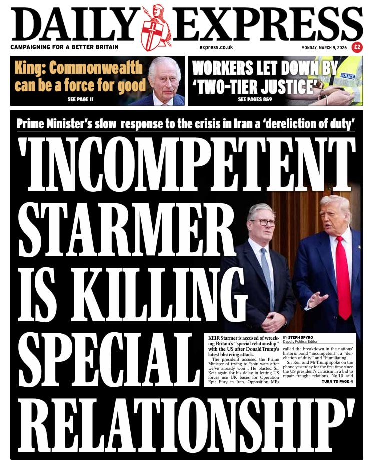 Front page of Daily Express, 9 March 2026