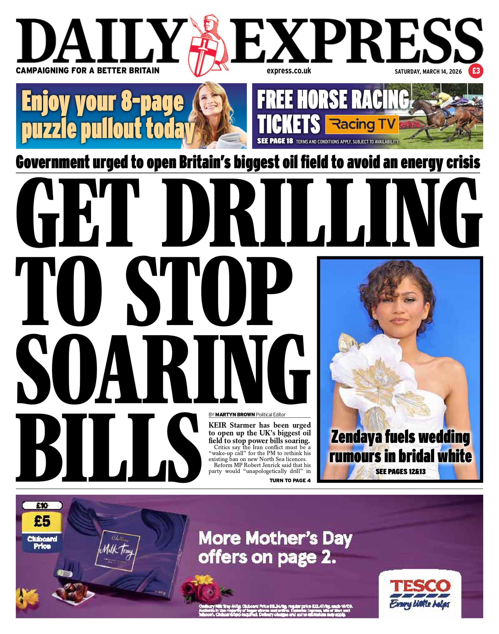 Front page of Daily Express, 14 March 2026