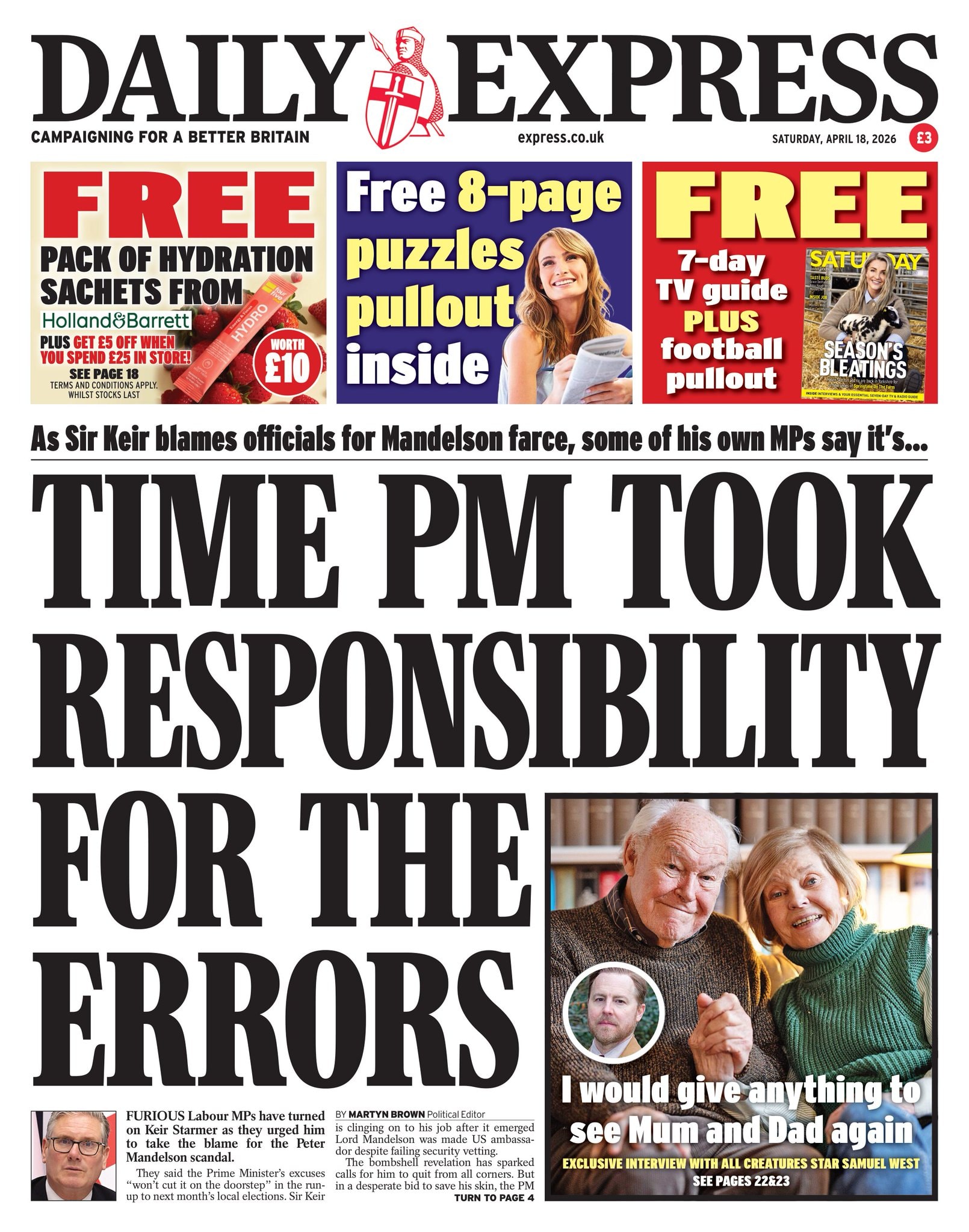Front page of Daily Express, 18 April 2026