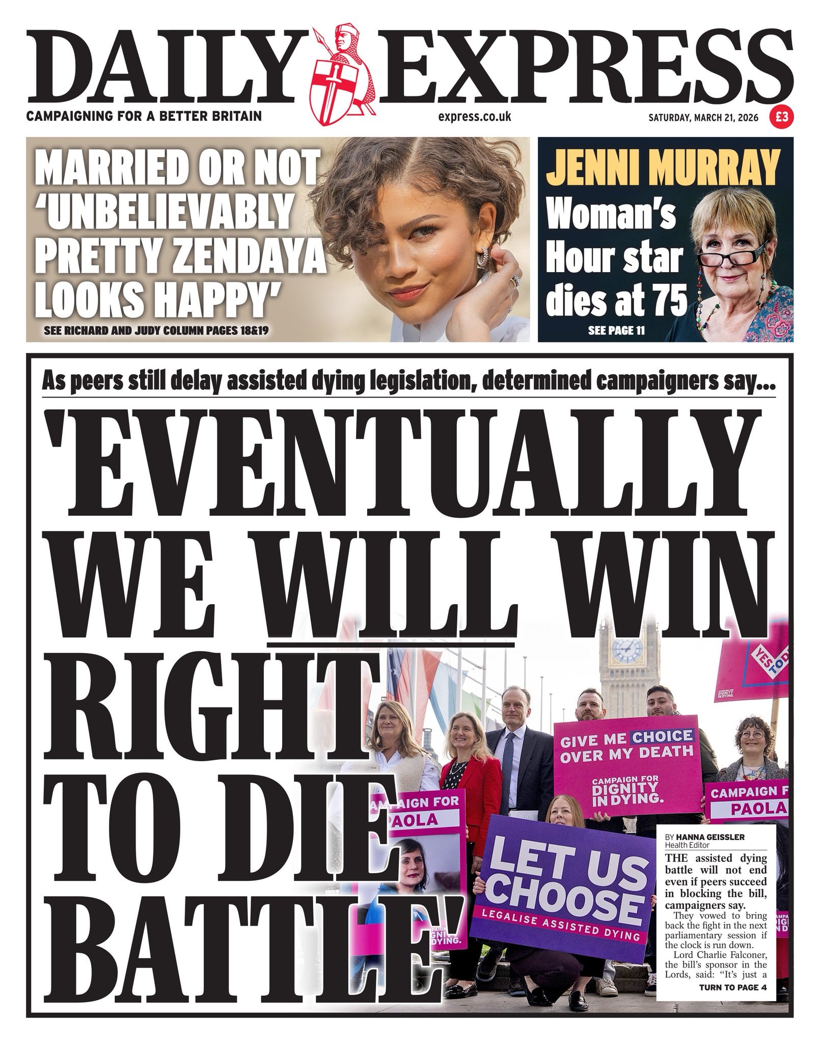 Front page of Daily Express, 21 March 2026