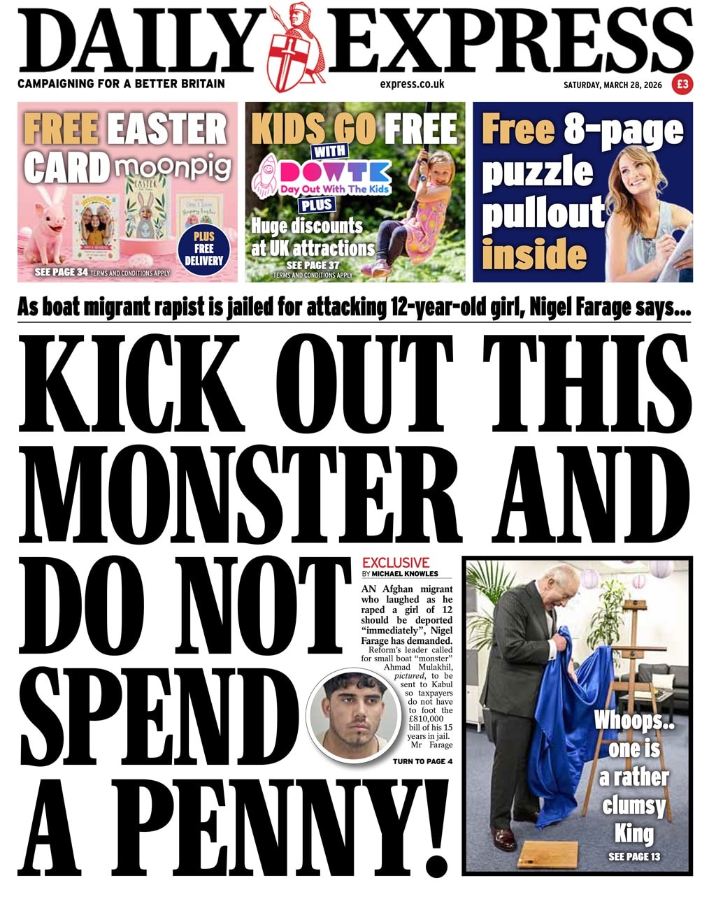 Front page of Daily Express, 28 March 2026