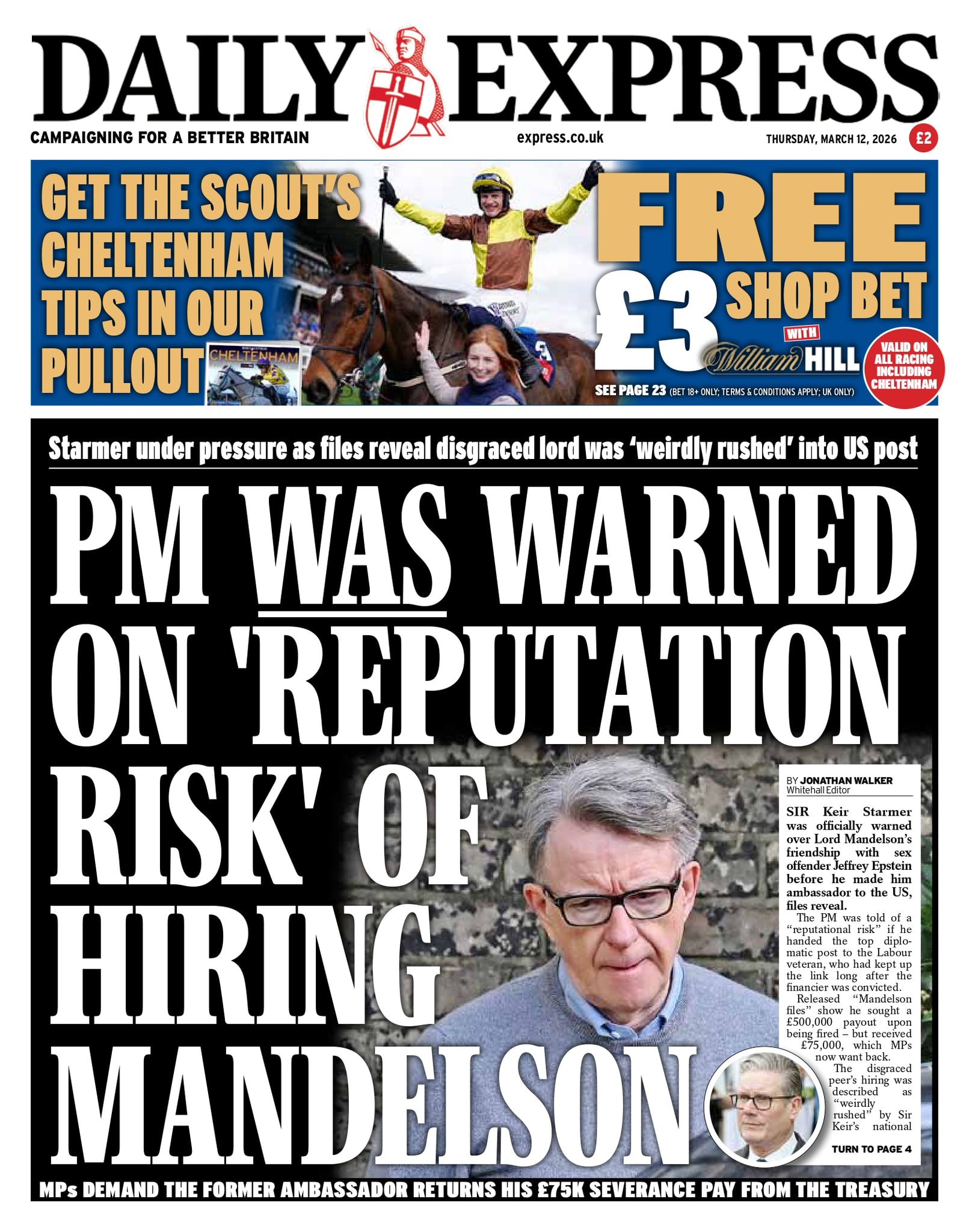 Front page of Daily Express, 12 March 2026