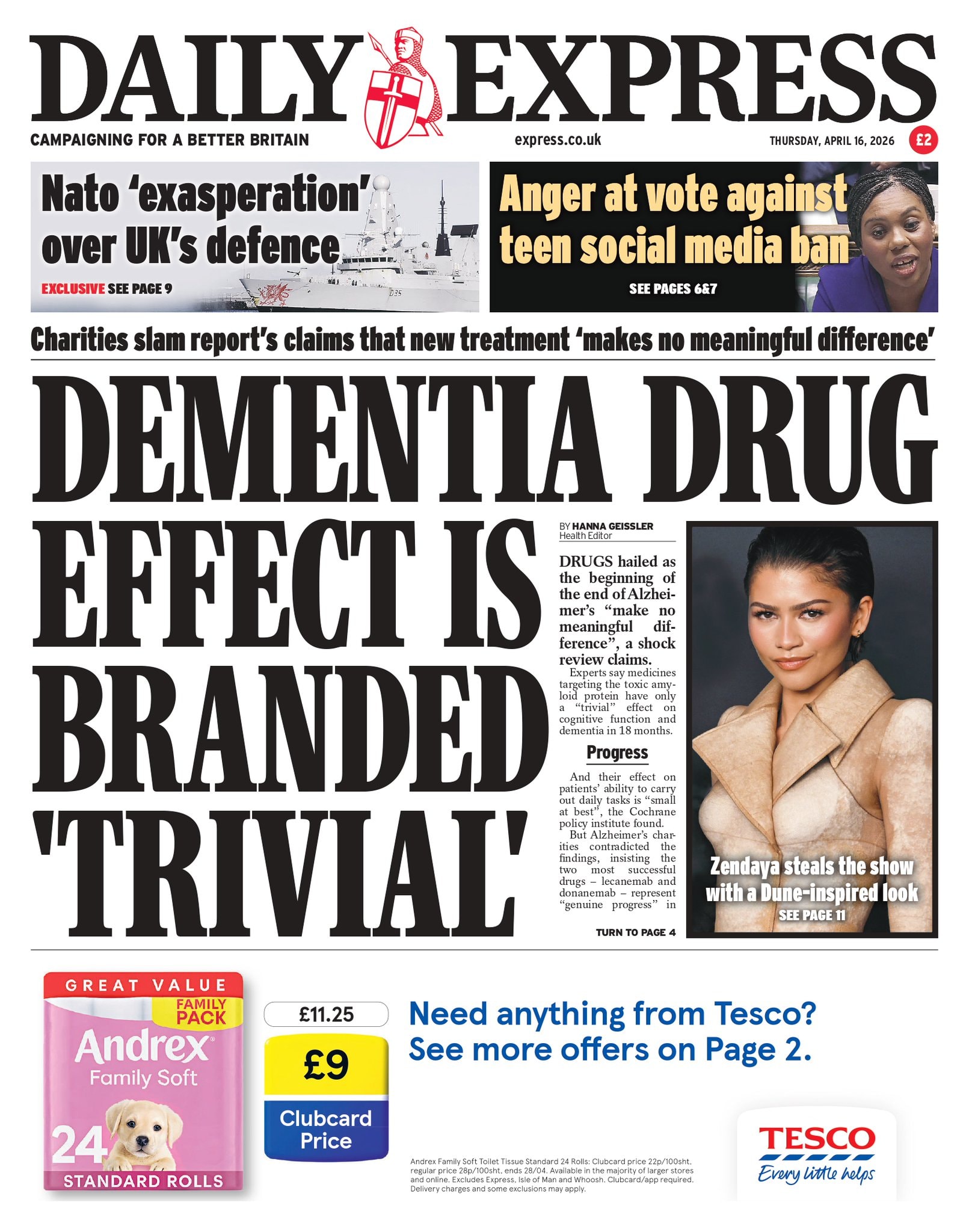 Front page of Daily Express, 16 April 2026