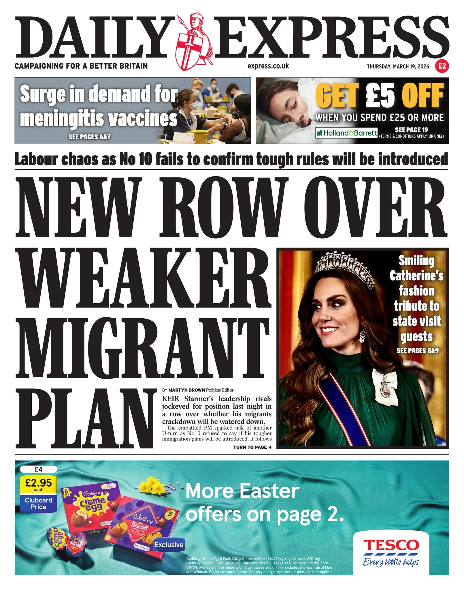 Front page of Daily Express, 19 March 2026