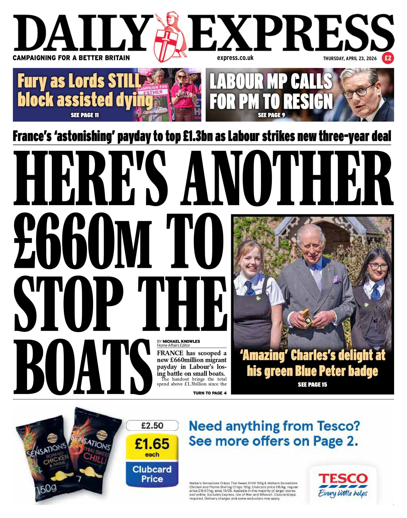 Front page of Daily Express, 23 April 2026