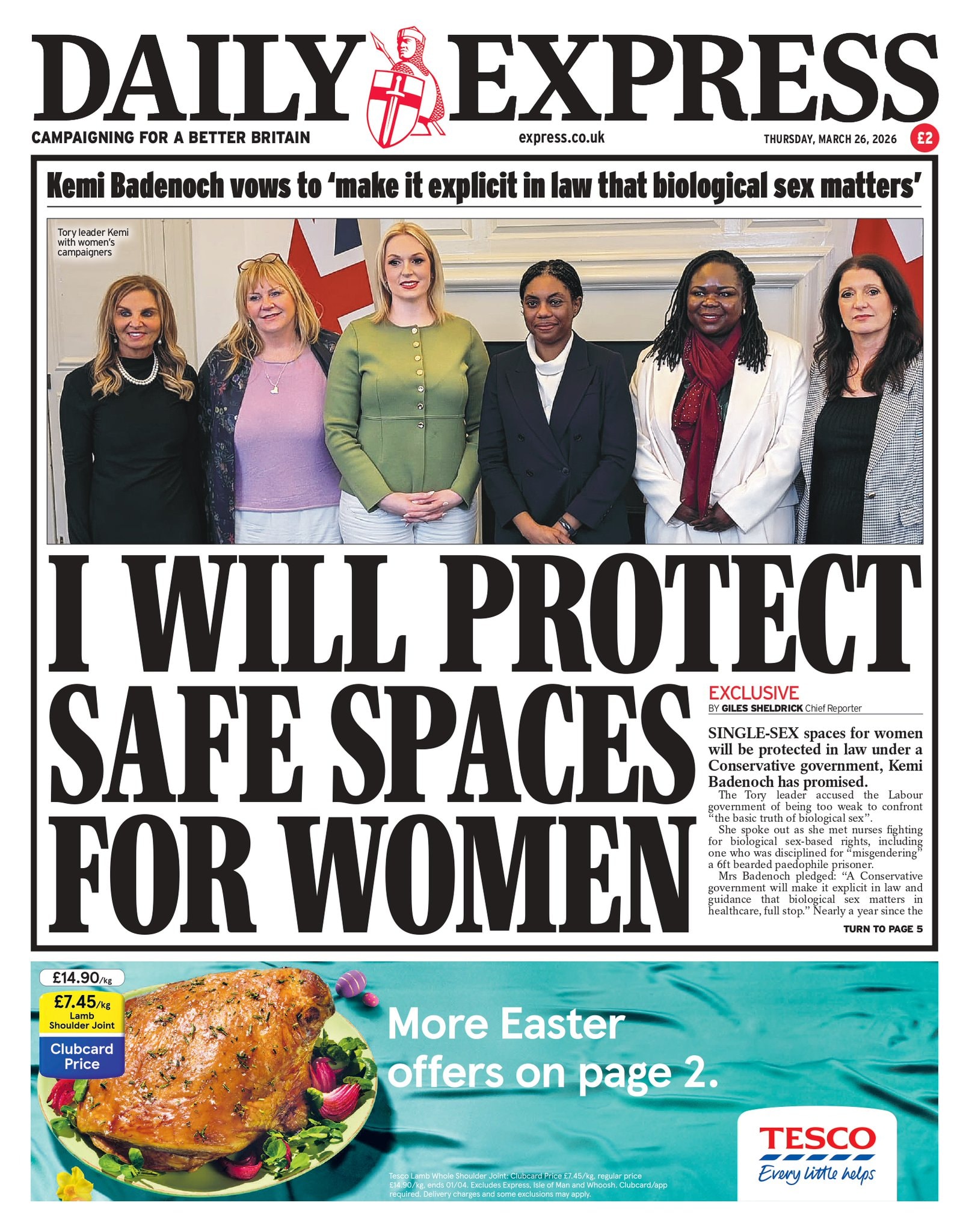 Front page of Daily Express, 26 March 2026