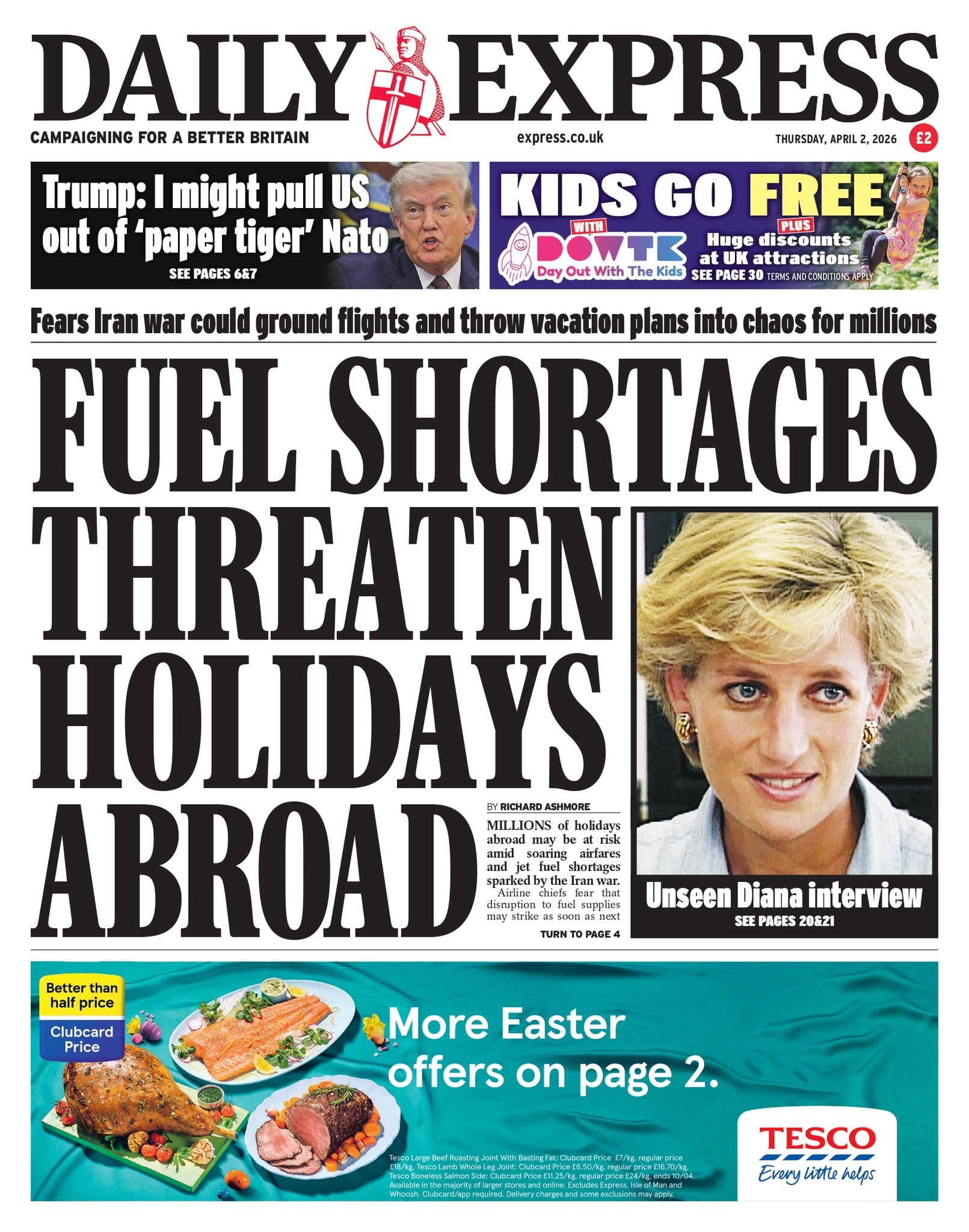 Front page of Daily Express, 2 April 2026