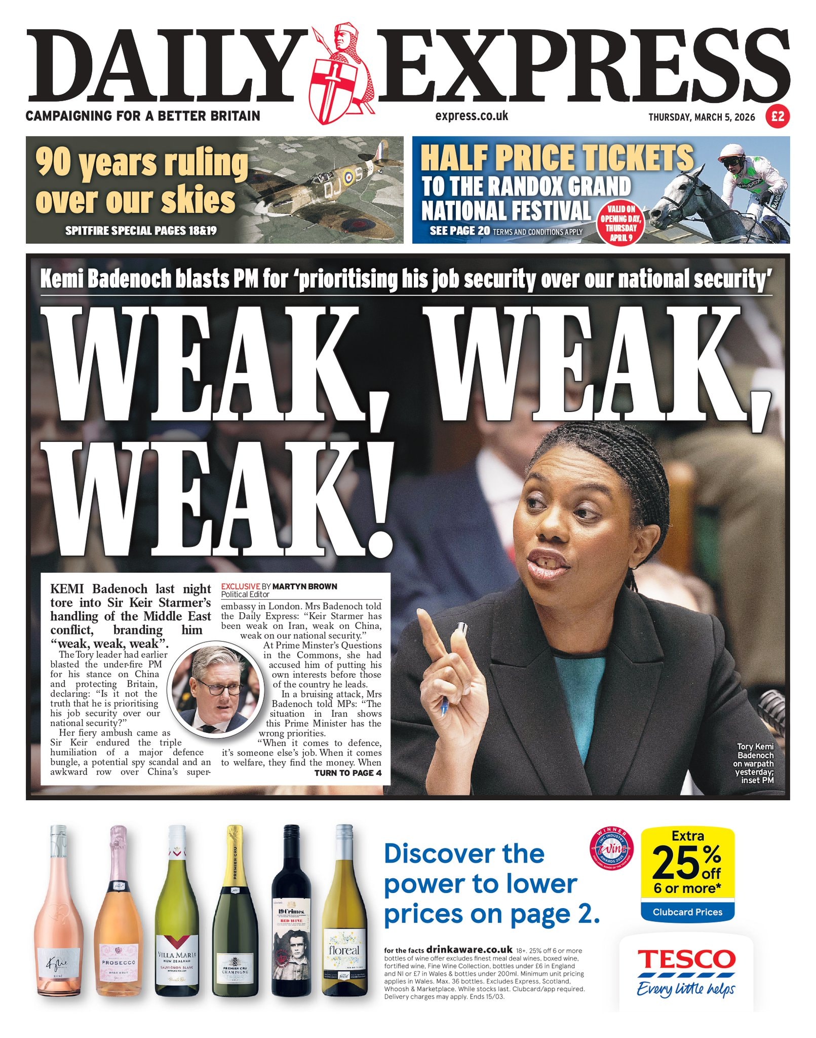 Front page of Daily Express, 5 March 2026