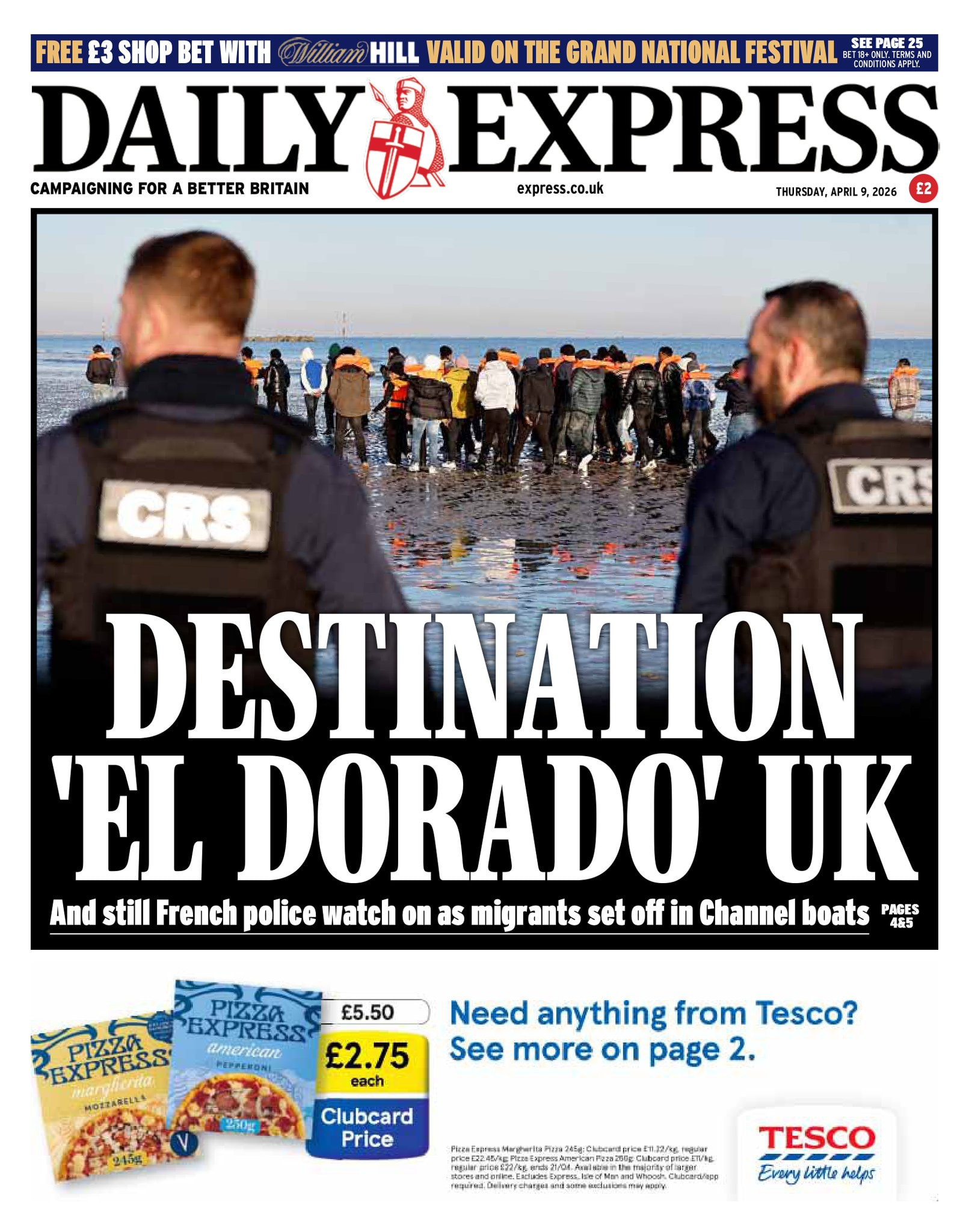 Front page of Daily Express, 9 April 2026