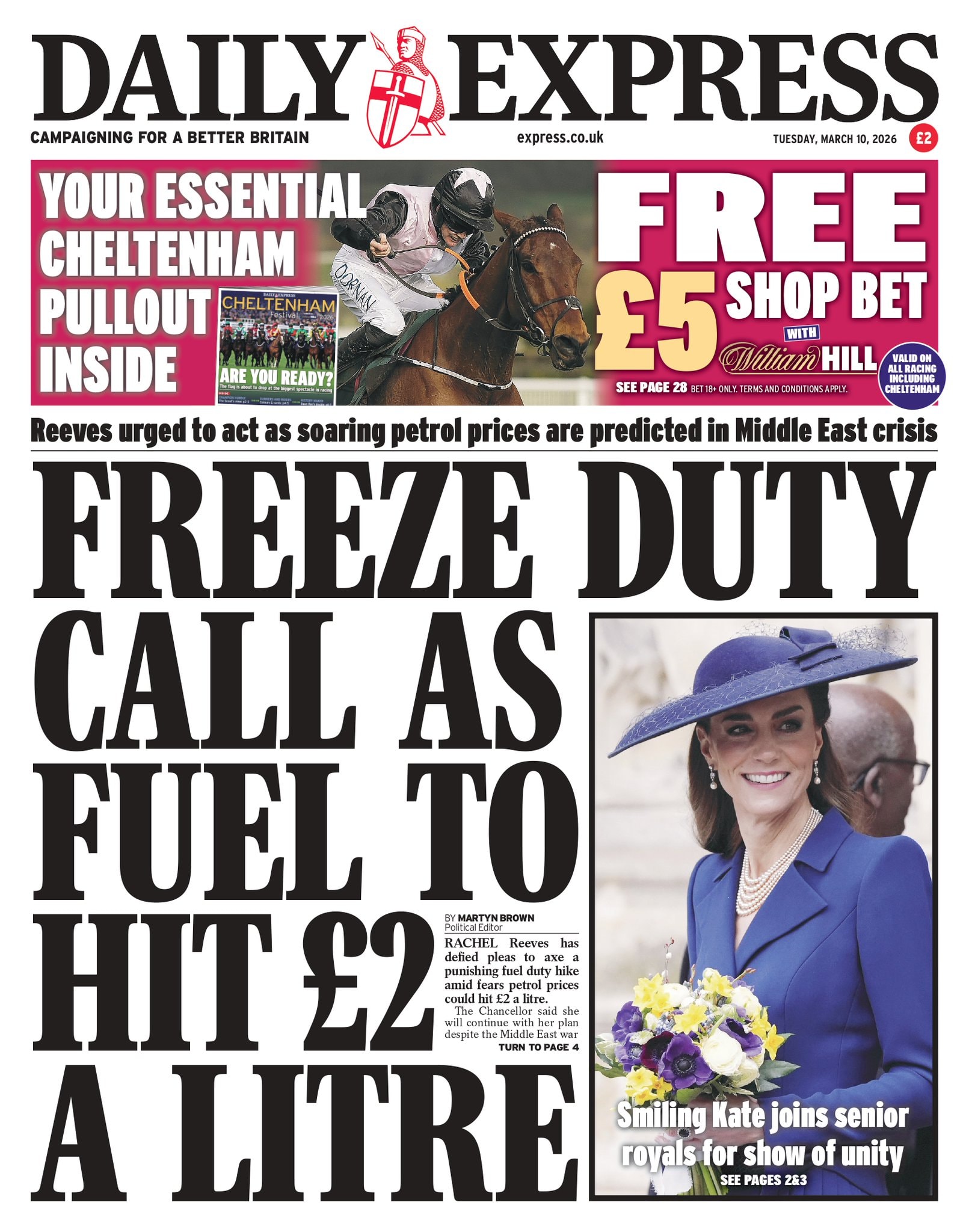 Front page of Daily Express, 10 March 2026