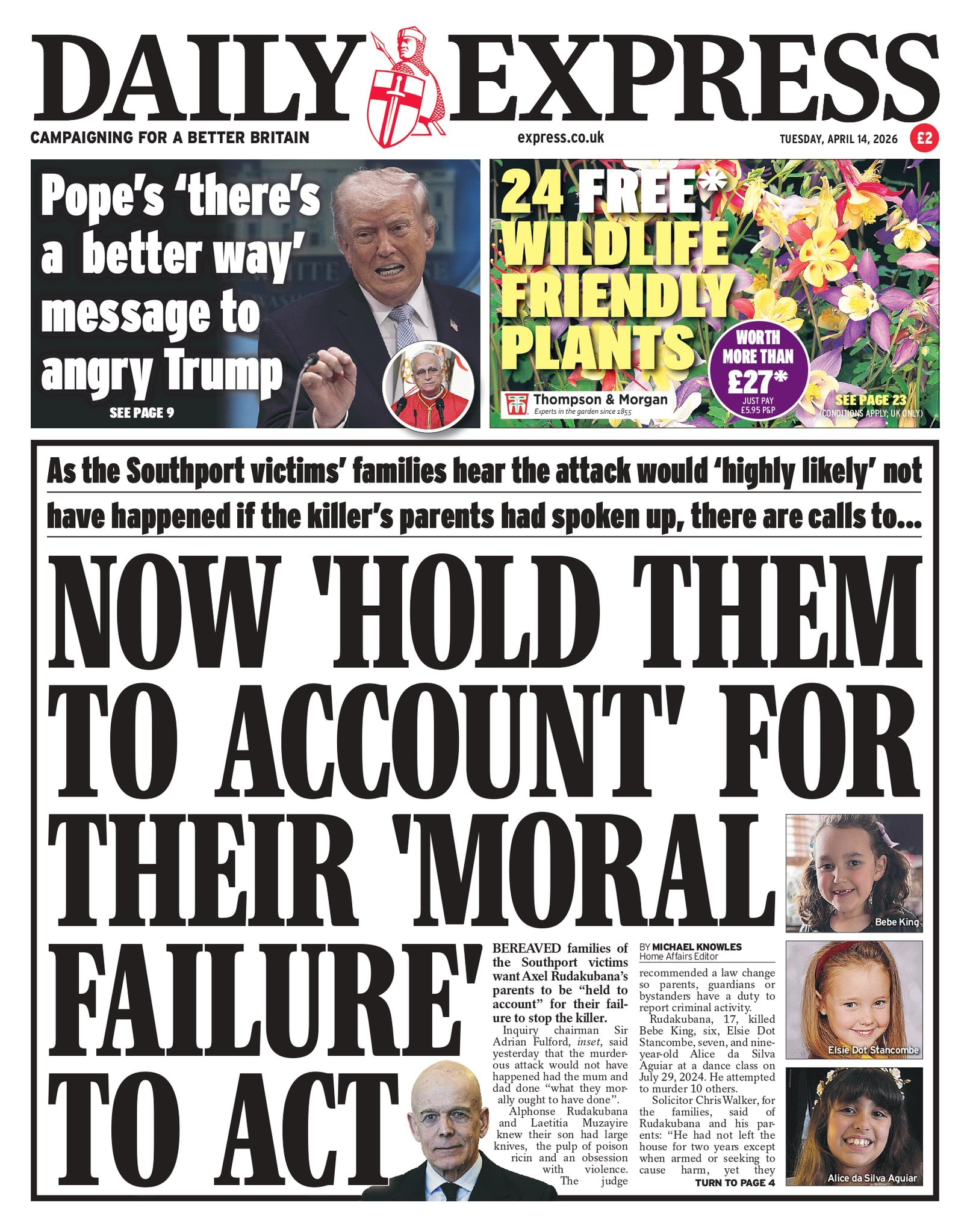Front page of Daily Express, 14 April 2026