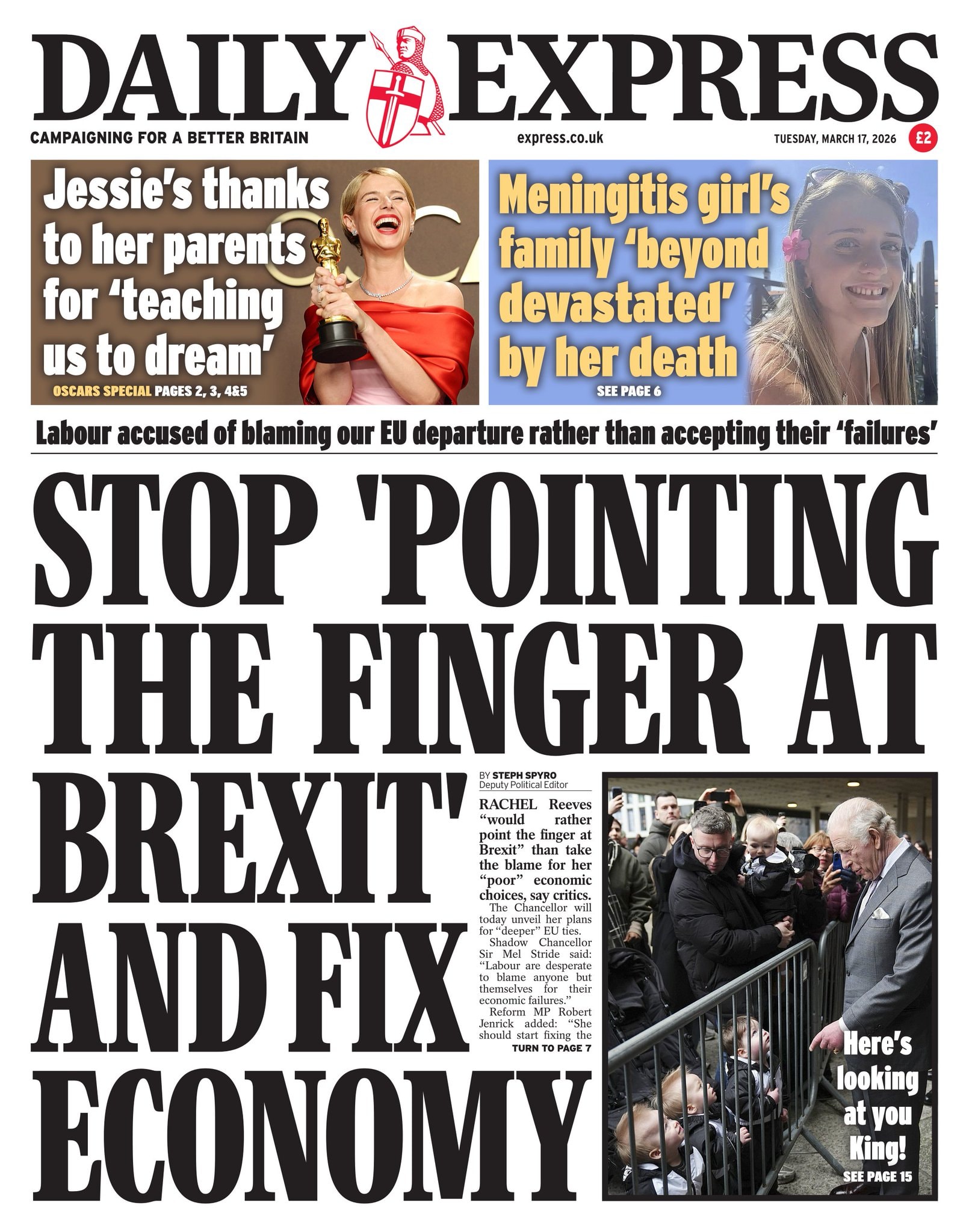 Front page of Daily Express, 17 March 2026