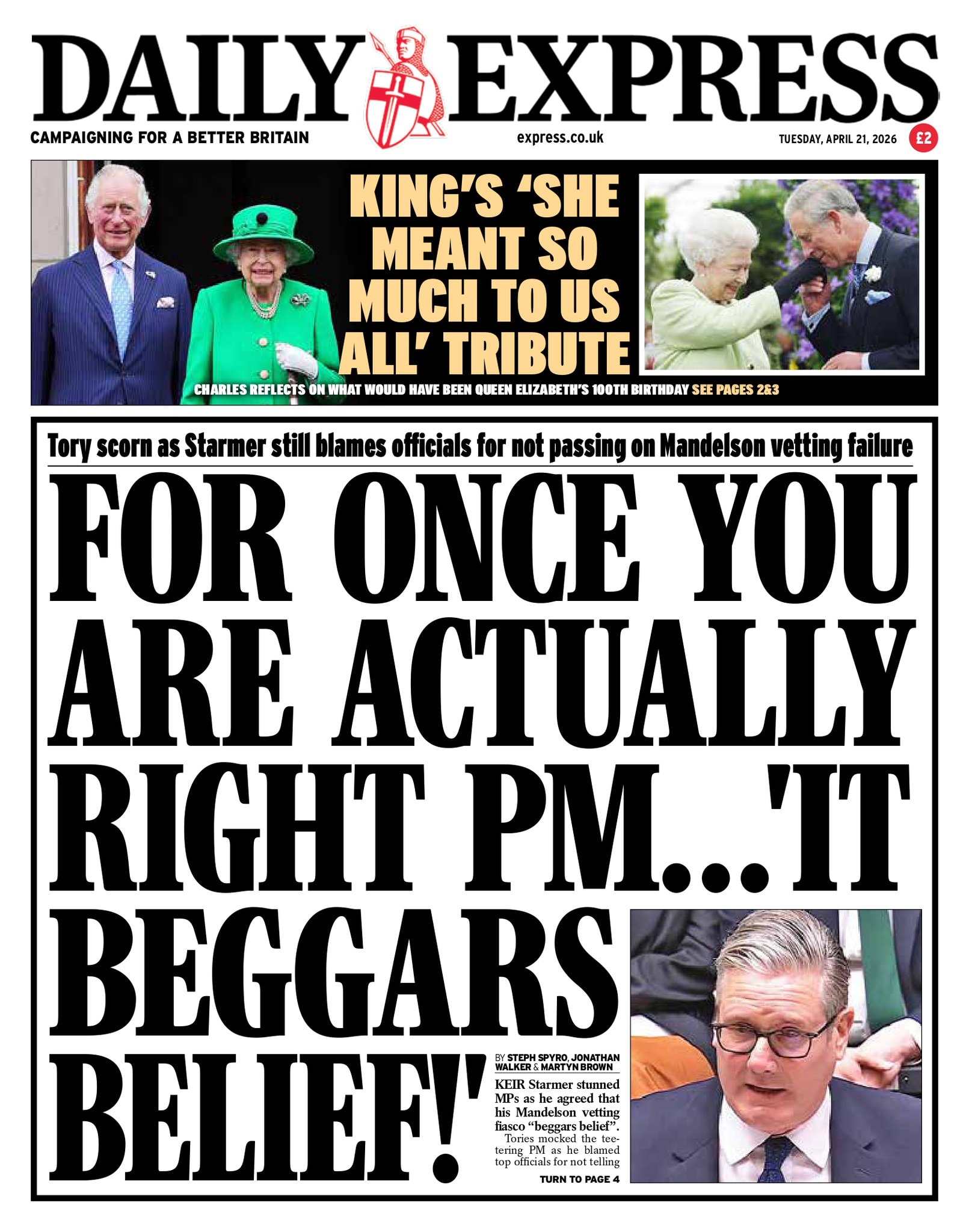 Front page of Daily Express, 21 April 2026