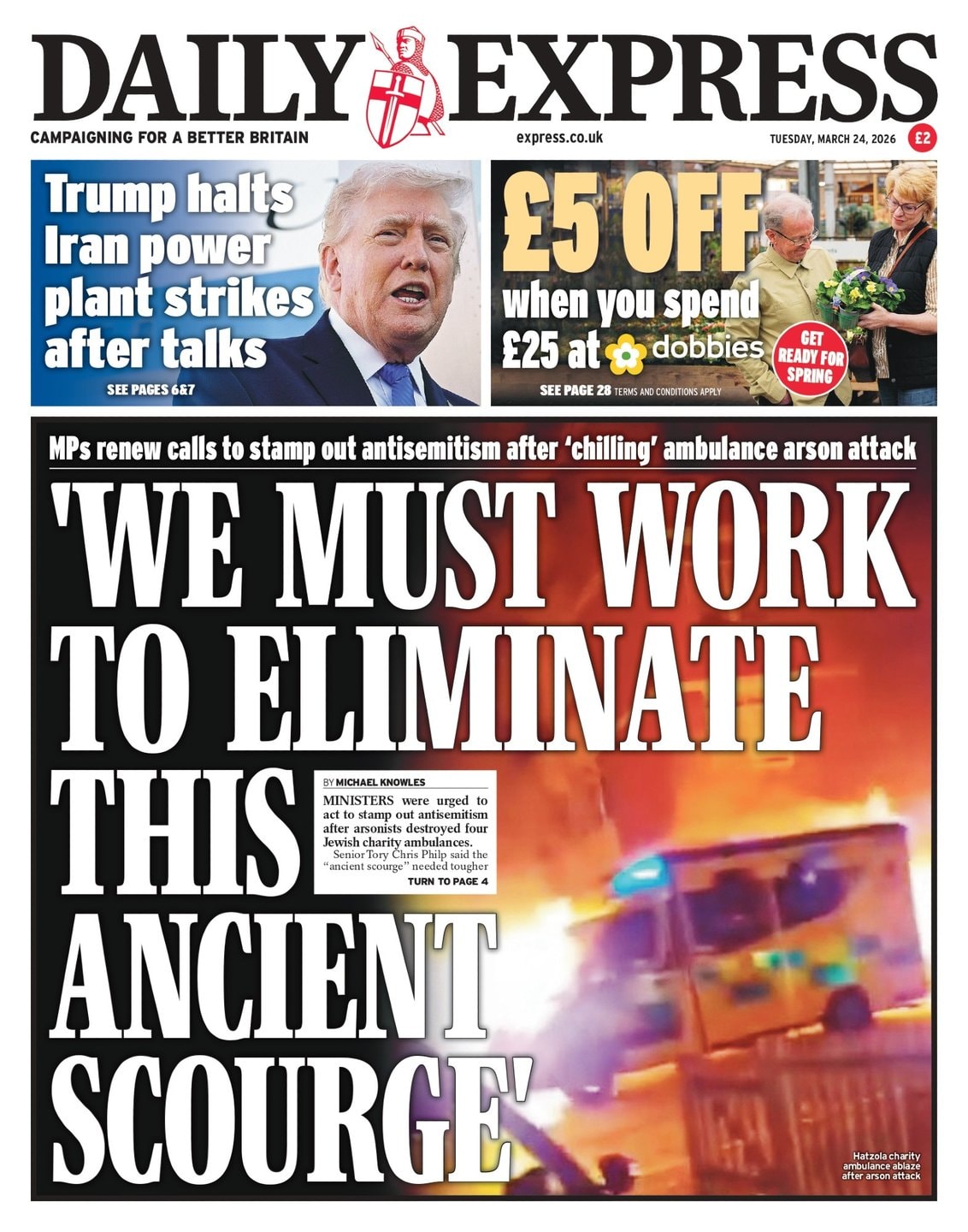 Front page of Daily Express, 24 March 2026