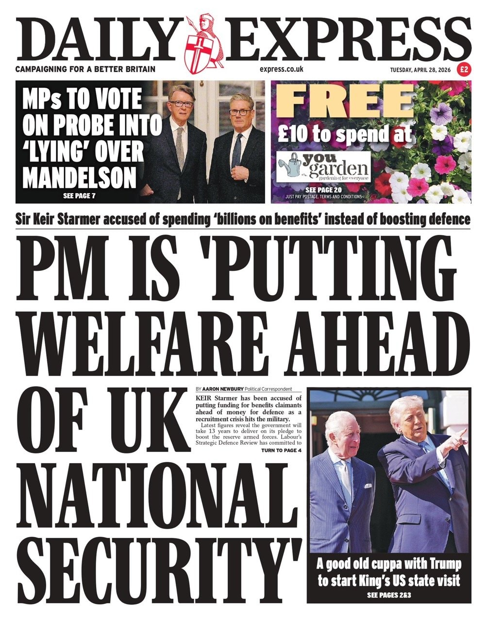 Front page of Daily Express, 28 April 2026