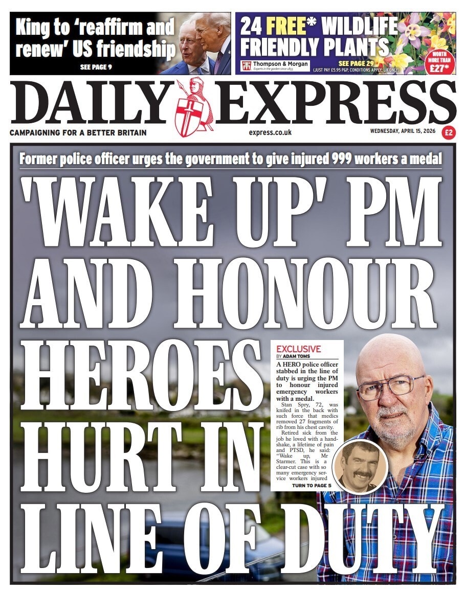 Front page of Daily Express, 15 April 2026