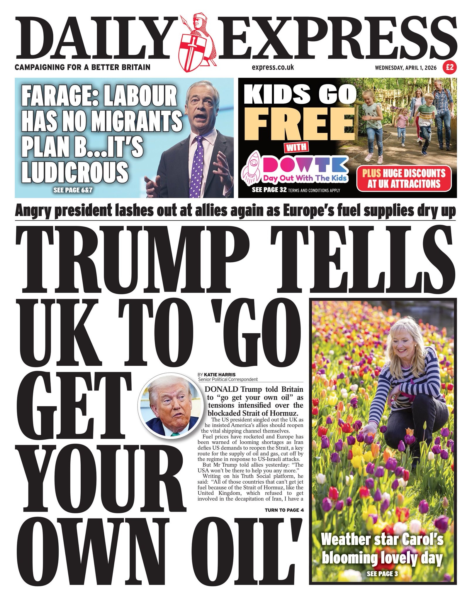 Front page of Daily Express, 1 April 2026