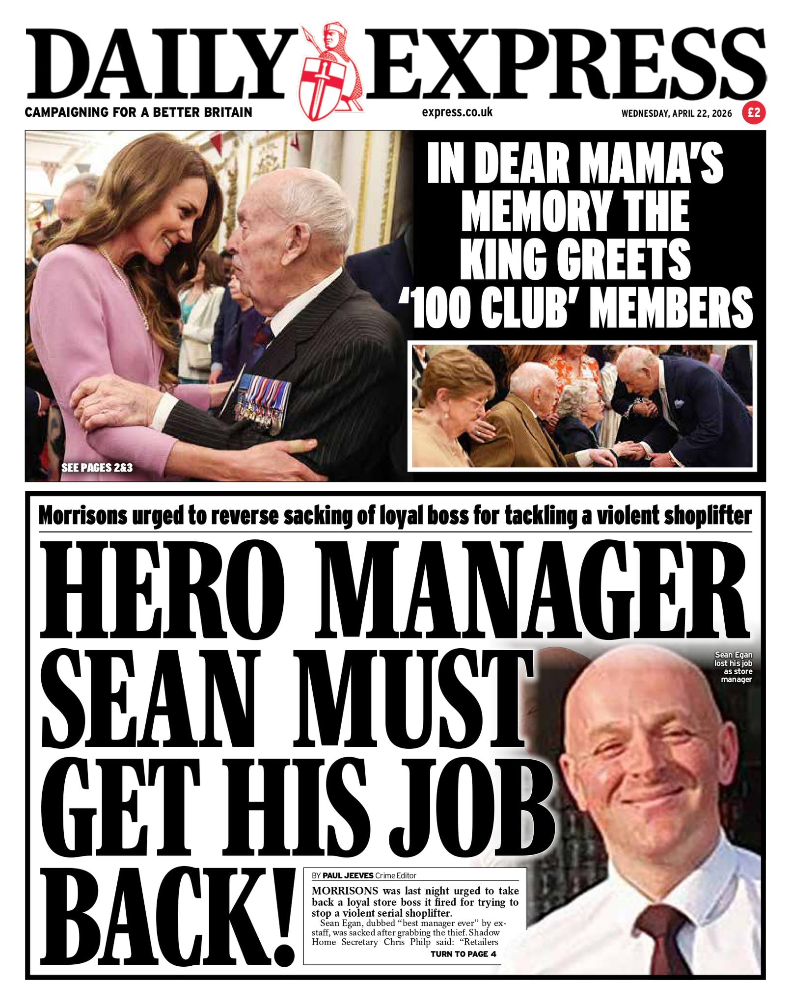 Front page of Daily Express, 22 April 2026