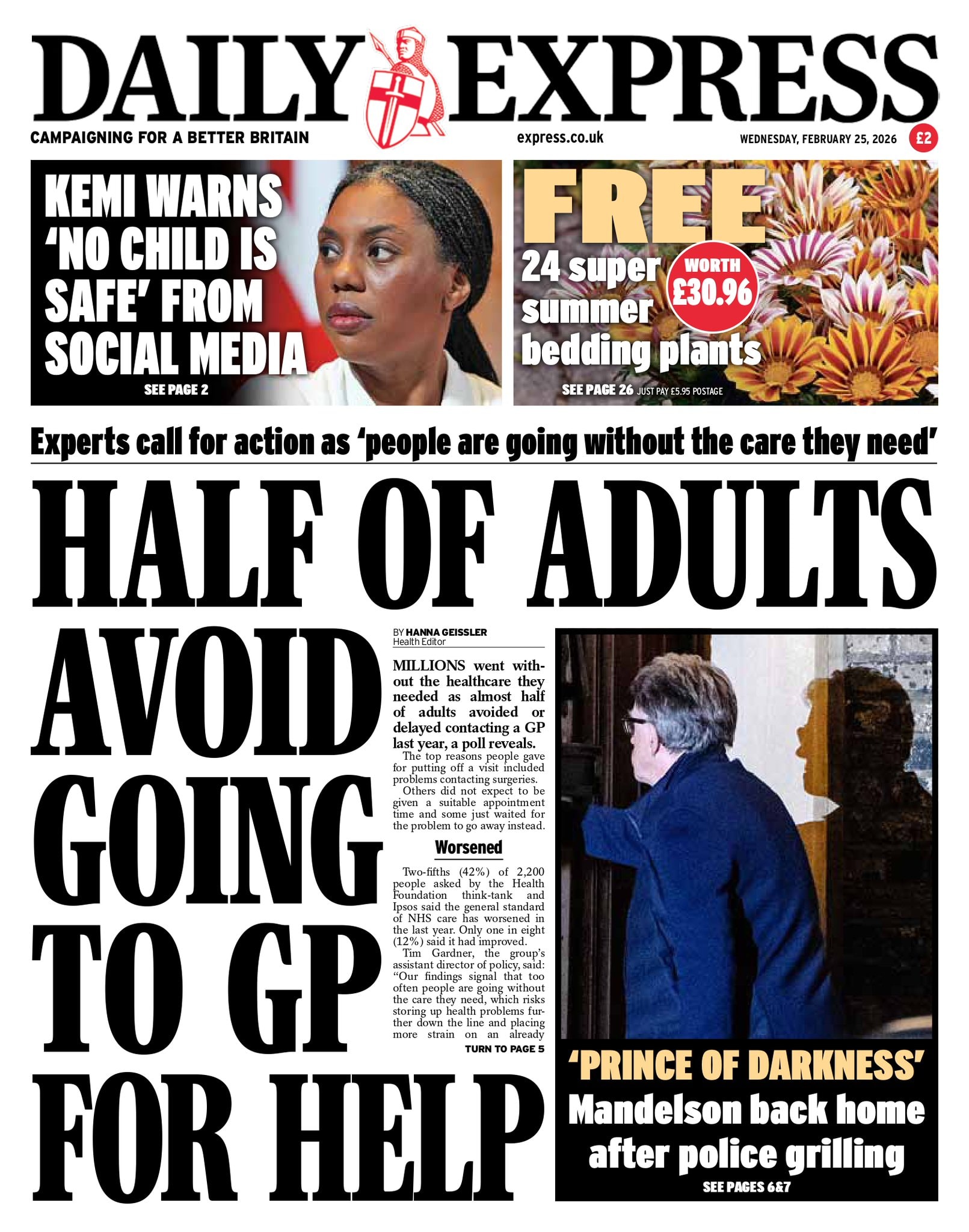 Front page of Daily Express, 25 February 2026