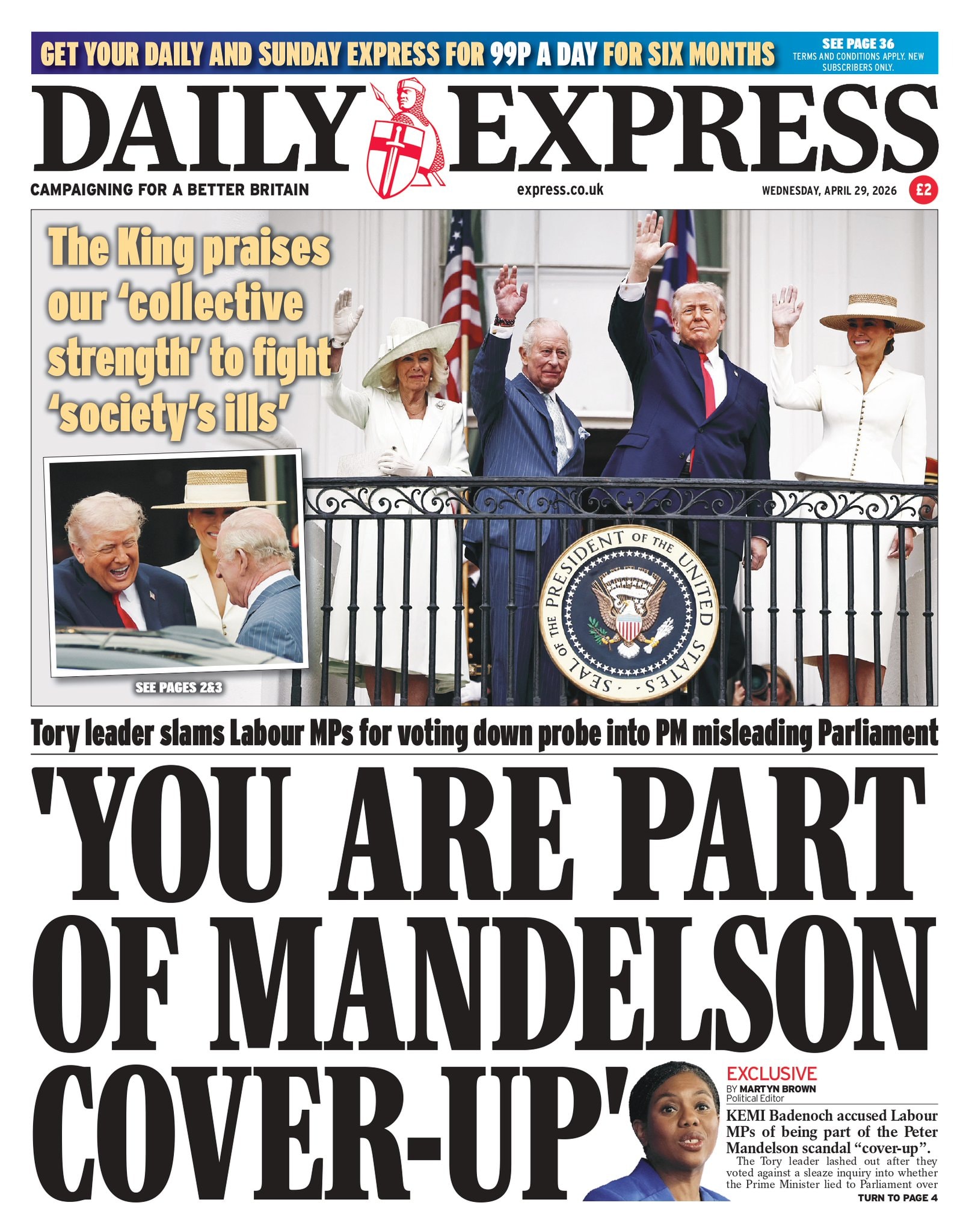 Front page of Daily Express, 29 April 2026