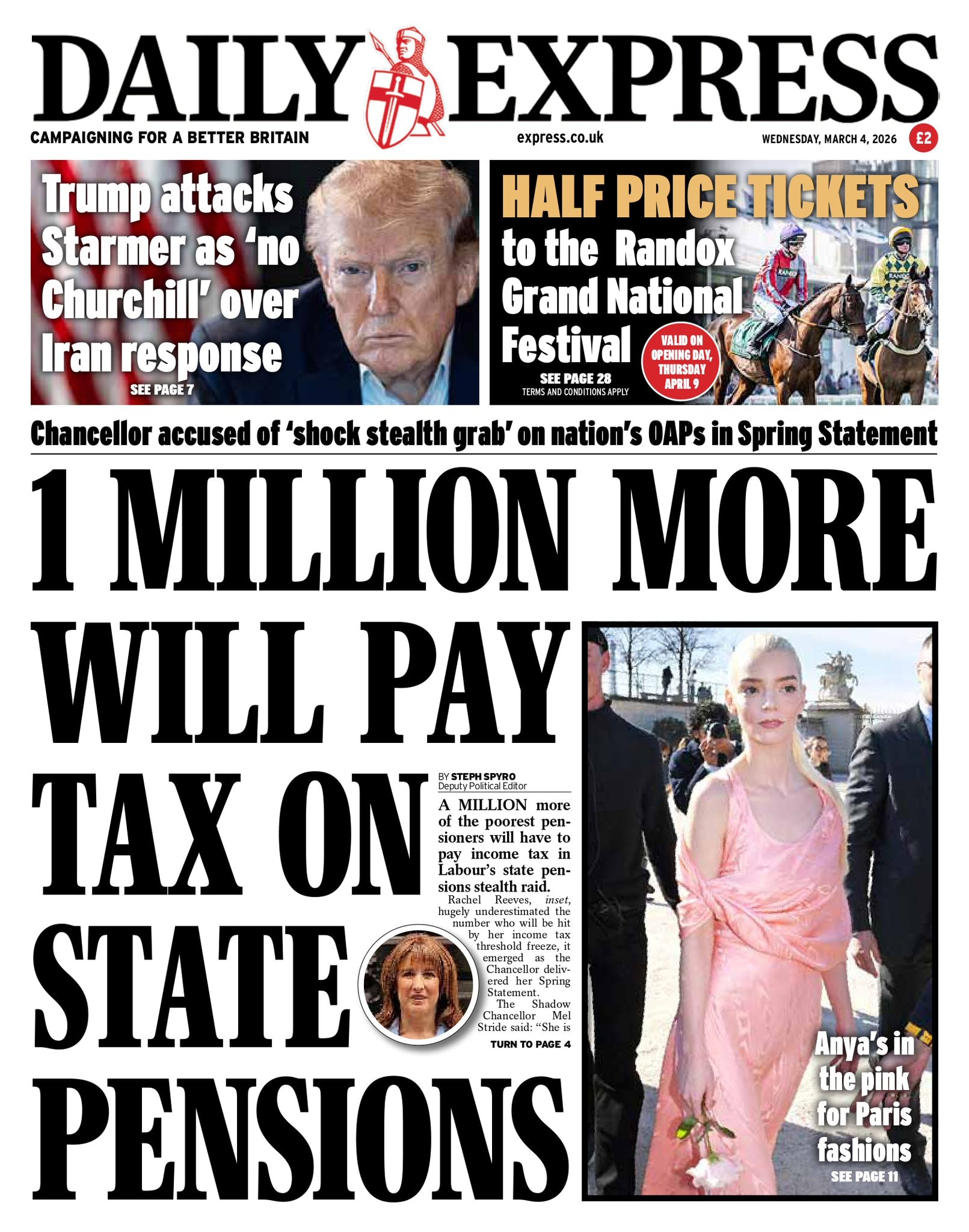 Front page of Daily Express, 4 March 2026
