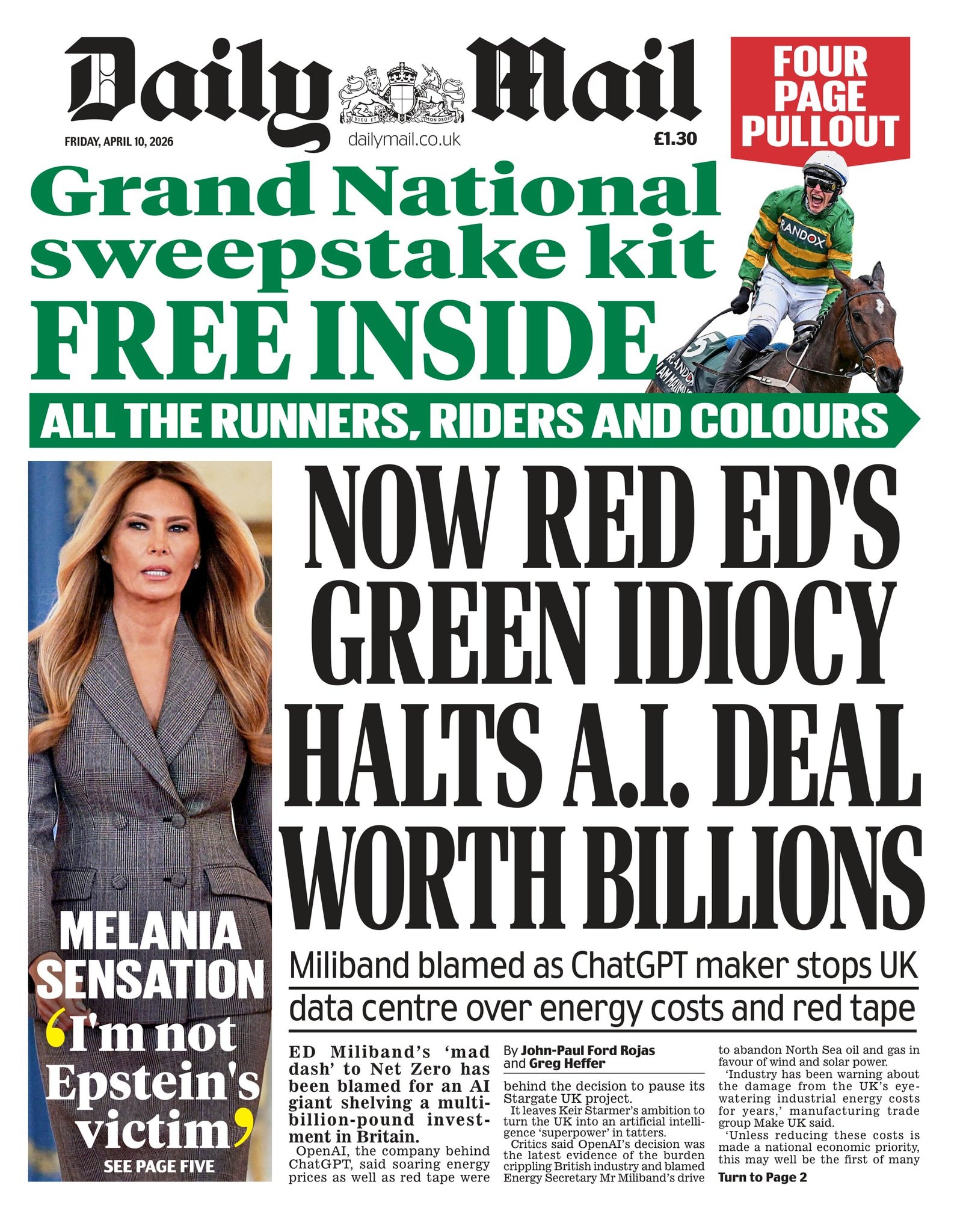 Front page of Daily Mail, 10 April 2026