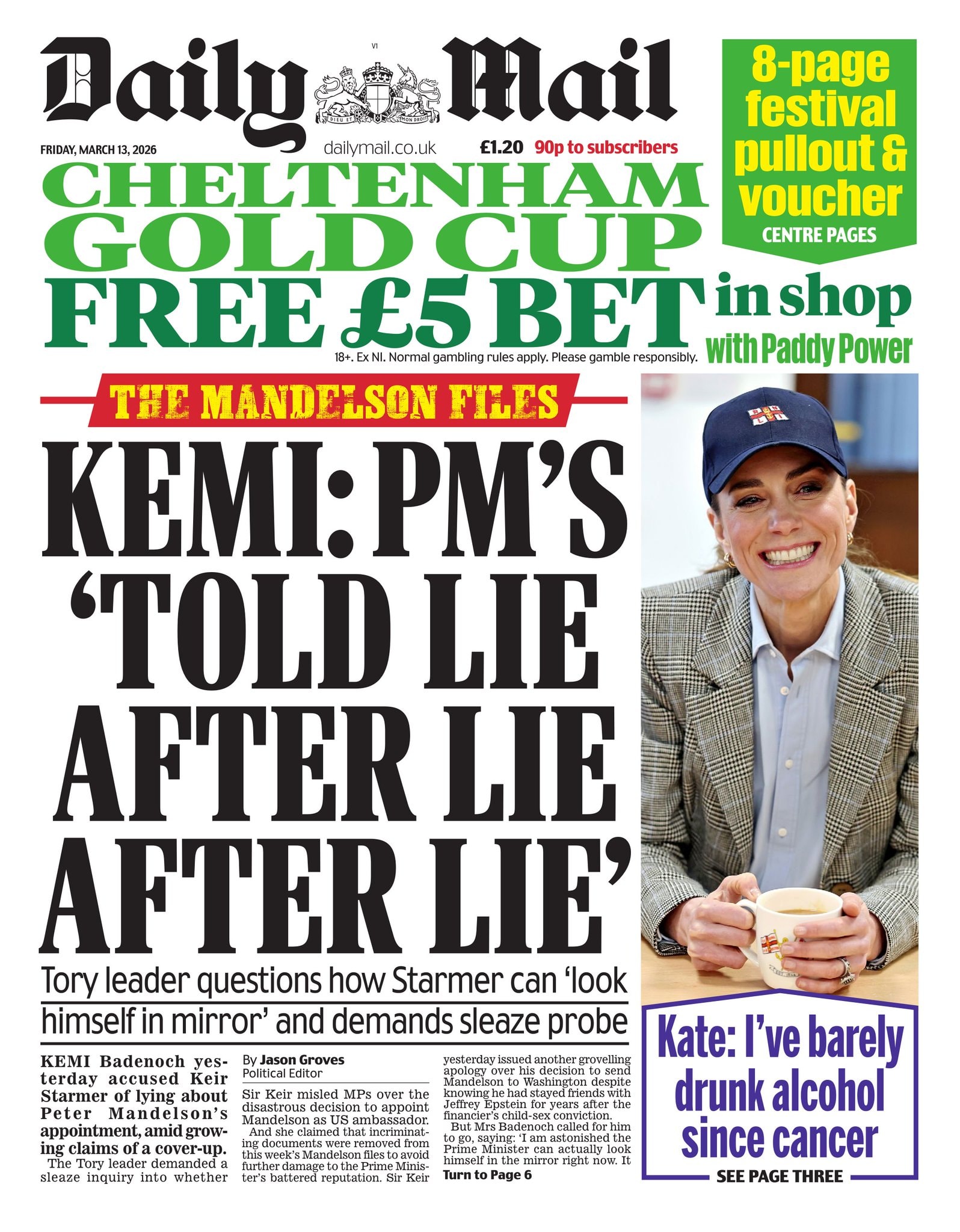 Front page of Daily Mail, 13 March 2026