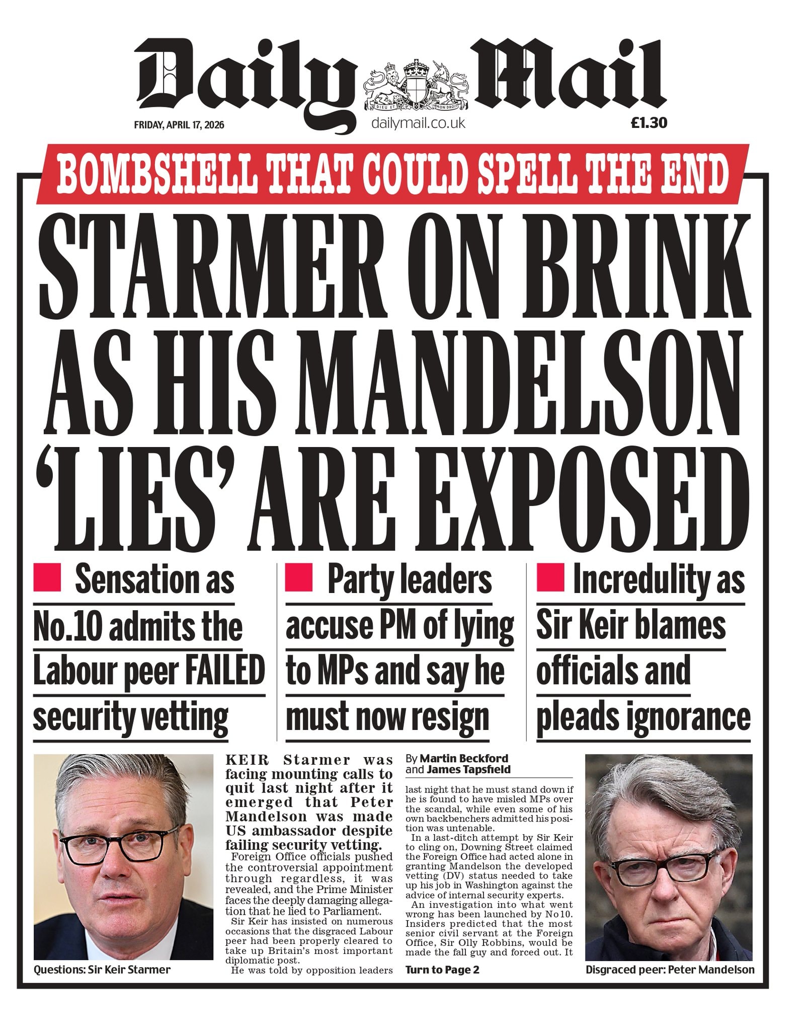 Front page of Daily Mail, 17 April 2026