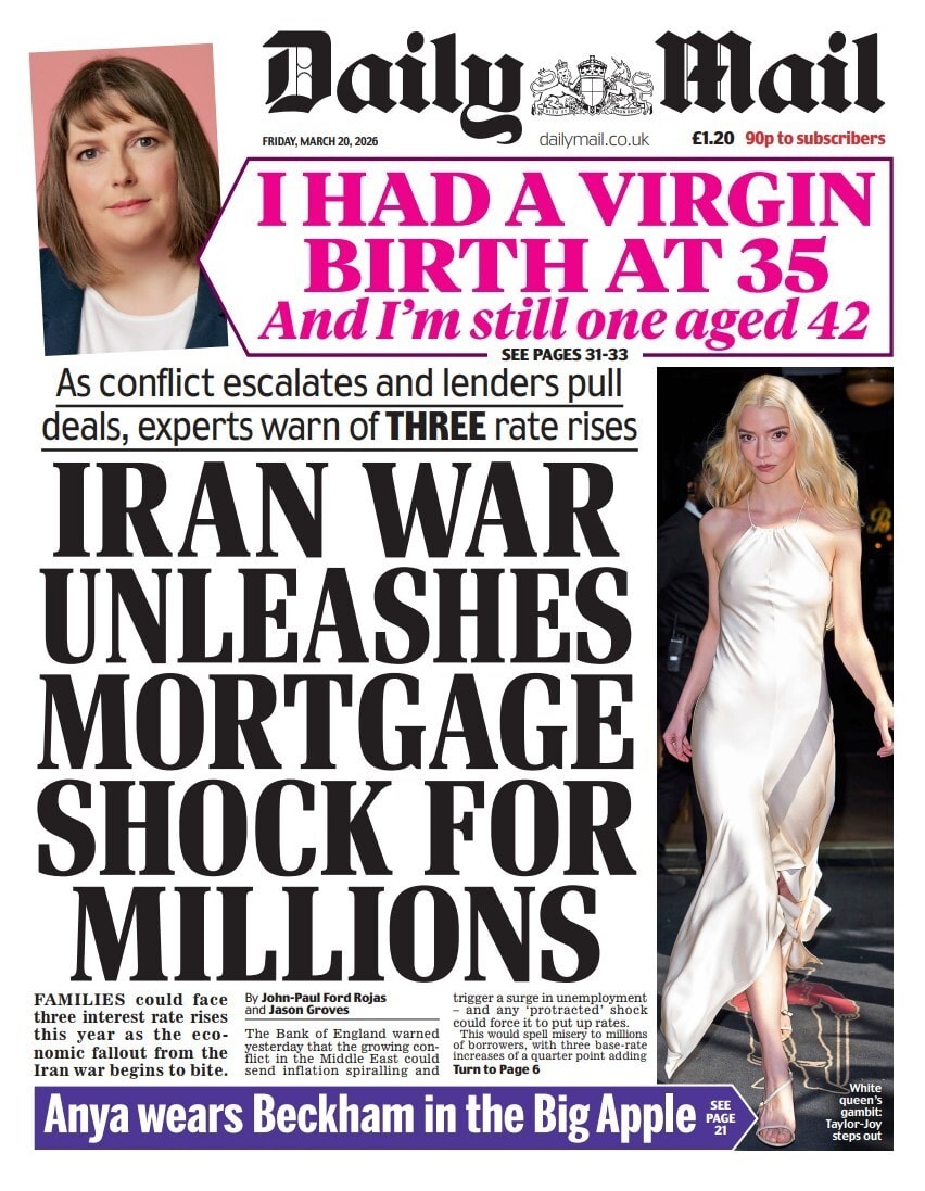 Front page of Daily Mail, 20 March 2026