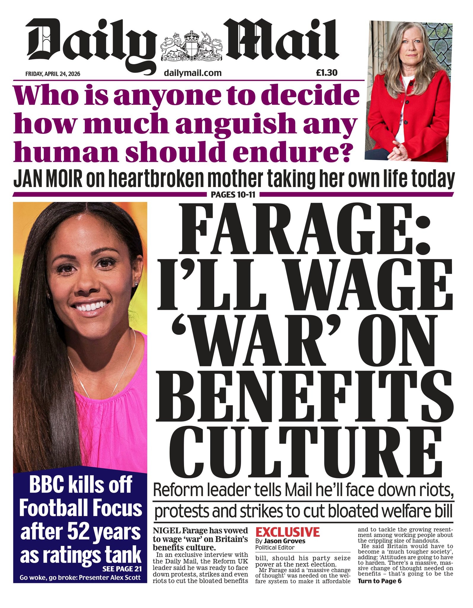 Front page of Daily Mail, 24 April 2026