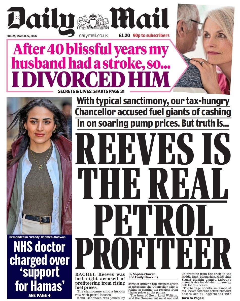 Front page of Daily Mail, 27 March 2026