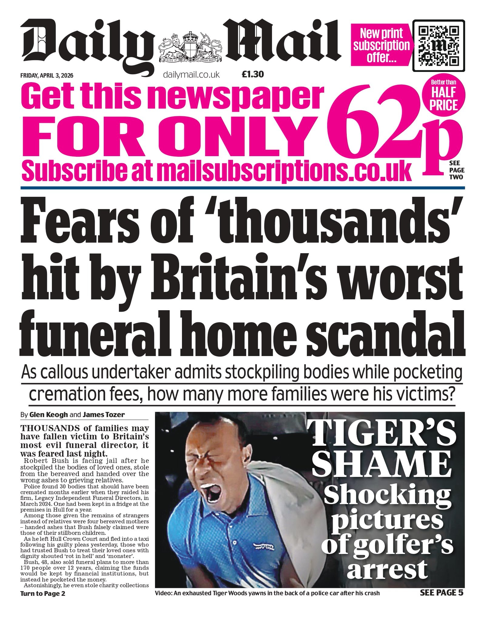 Front page of Daily Mail, 3 April 2026