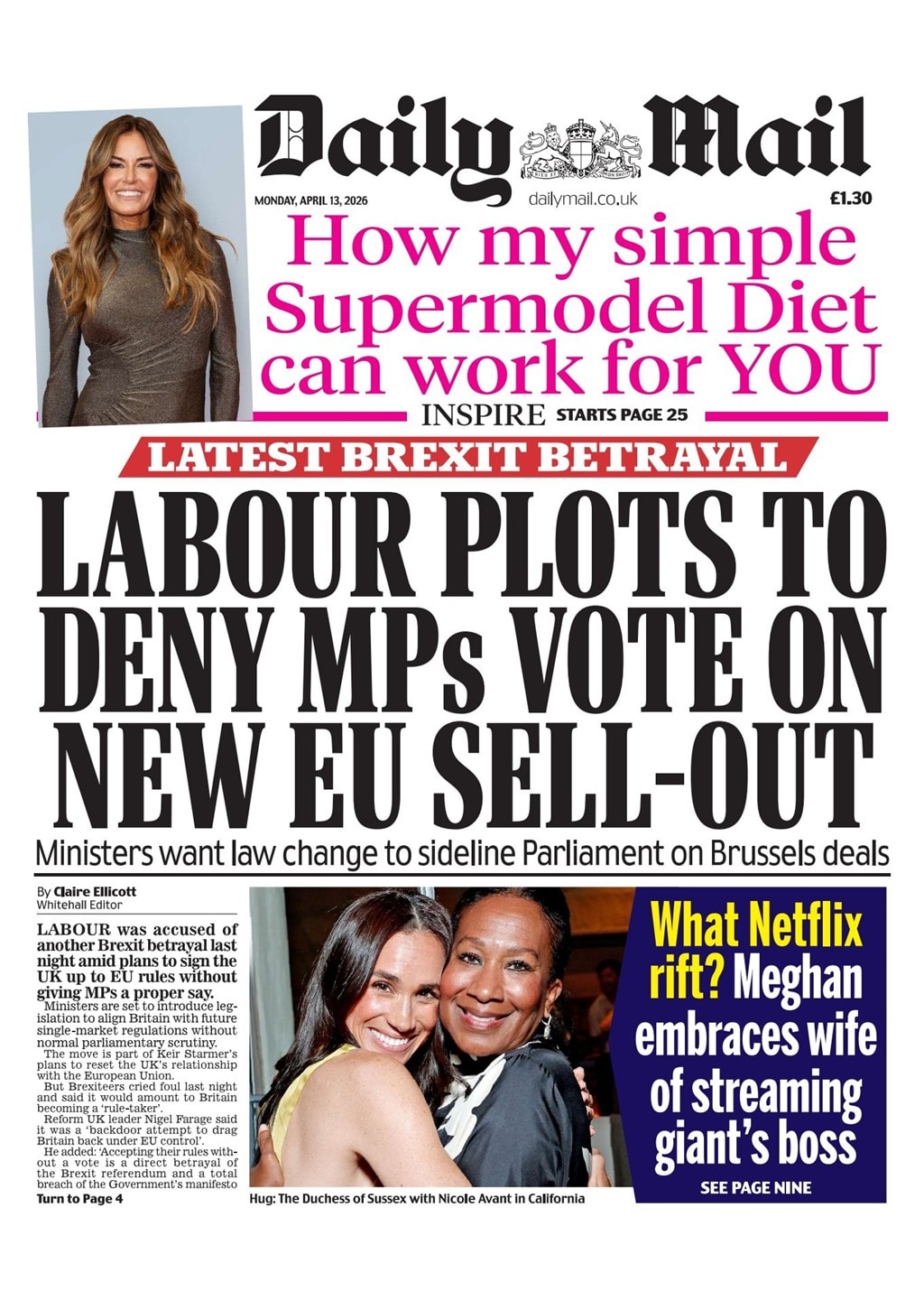 Front page of Daily Mail, 13 April 2026