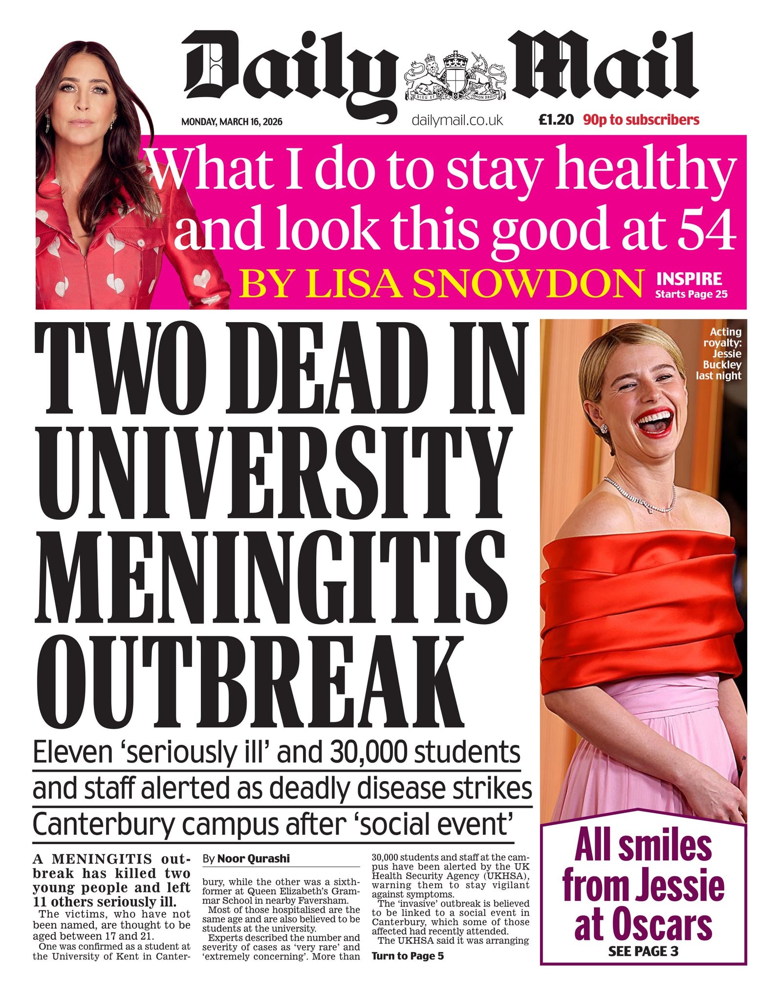 Front page of Daily Mail, 16 March 2026
