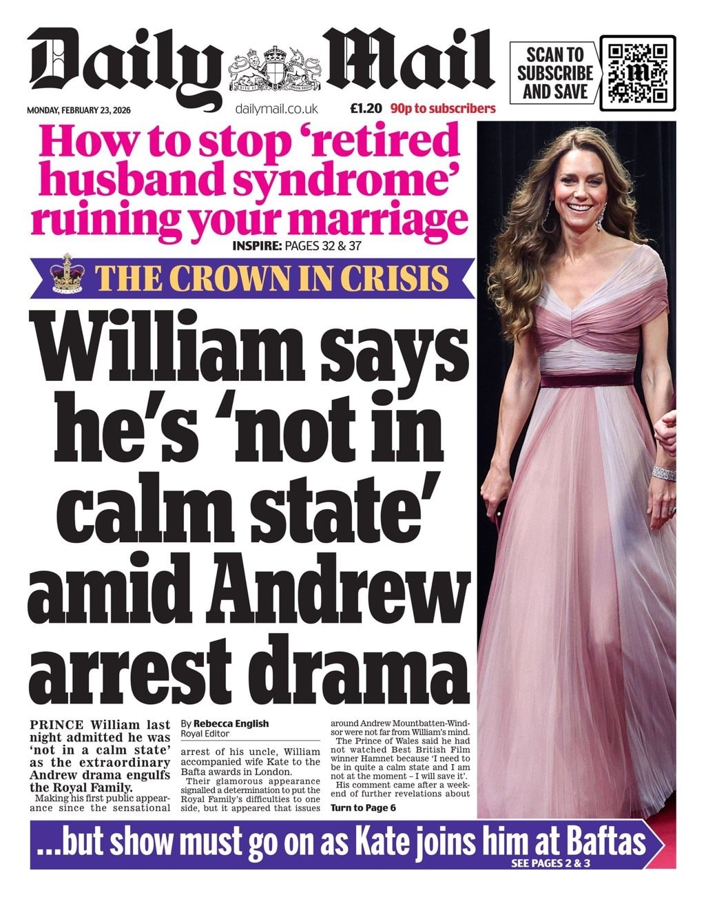 Front page of Daily Mail, 23 February 2026