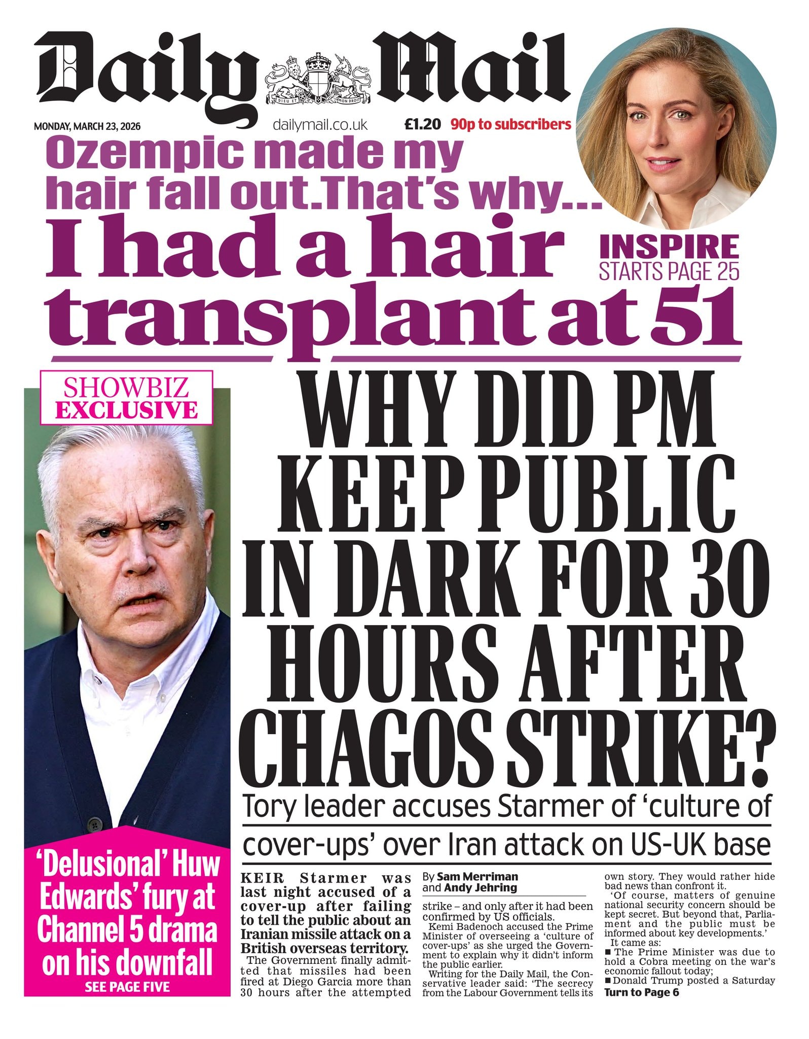 Front page of Daily Mail, 23 March 2026