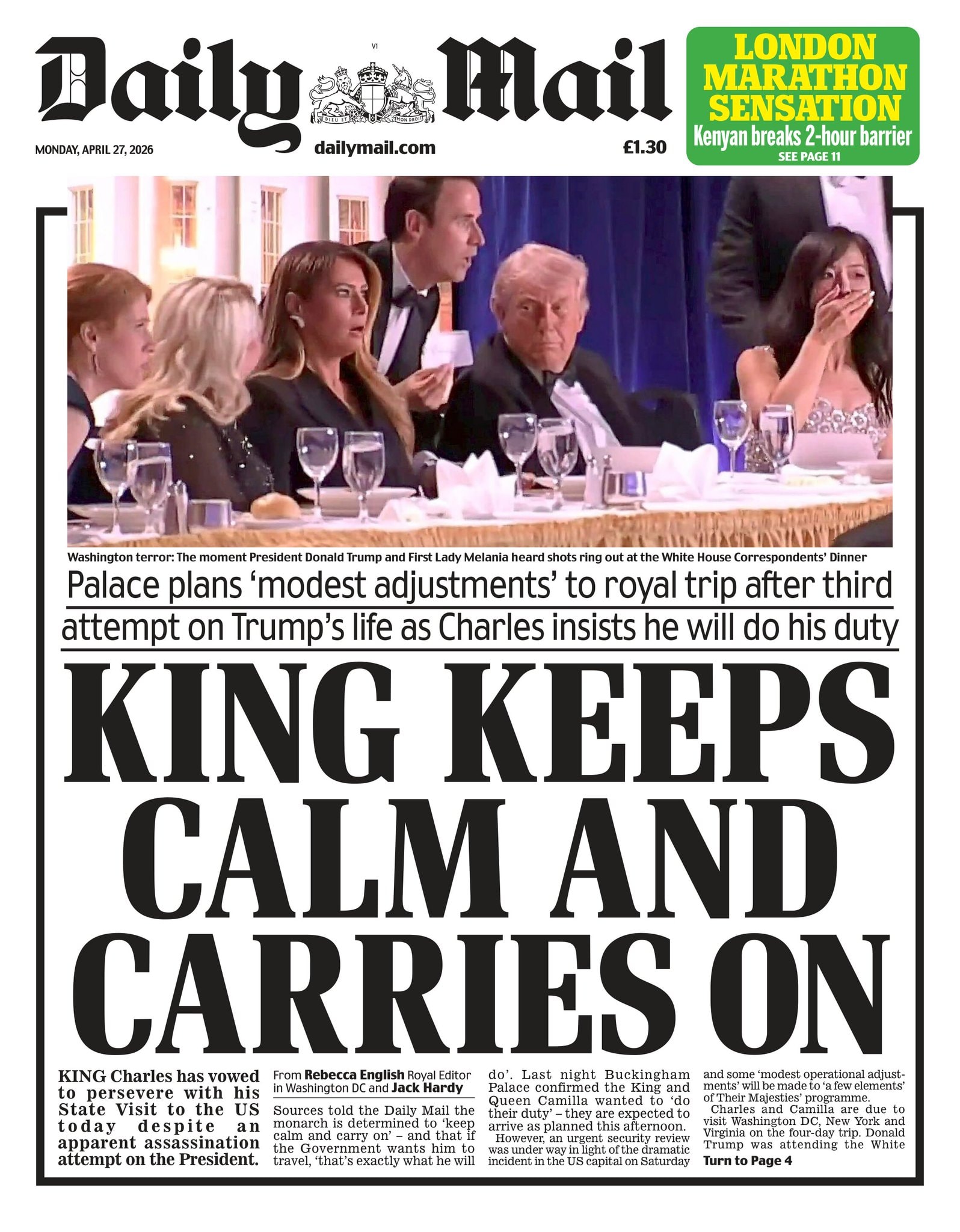 Front page of Daily Mail, 27 April 2026