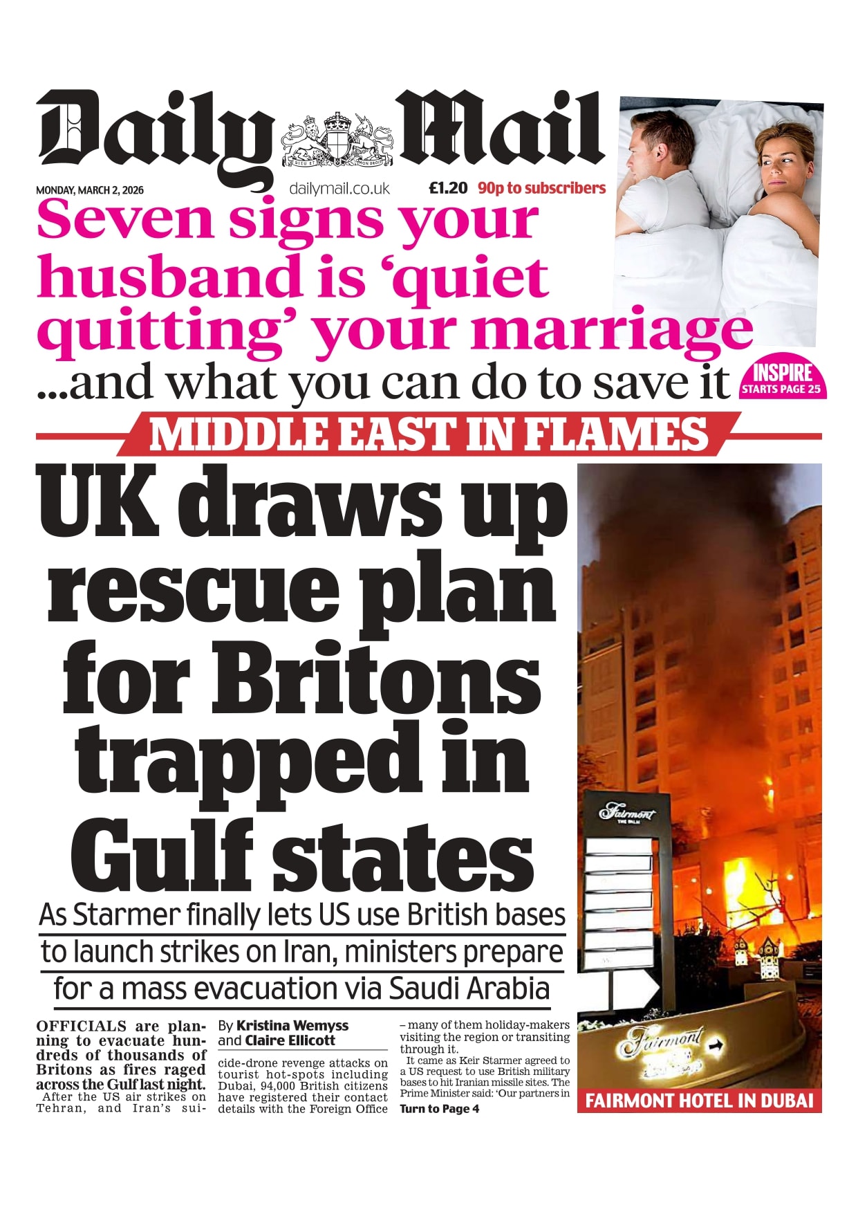 Front page of Daily Mail, 2 March 2026