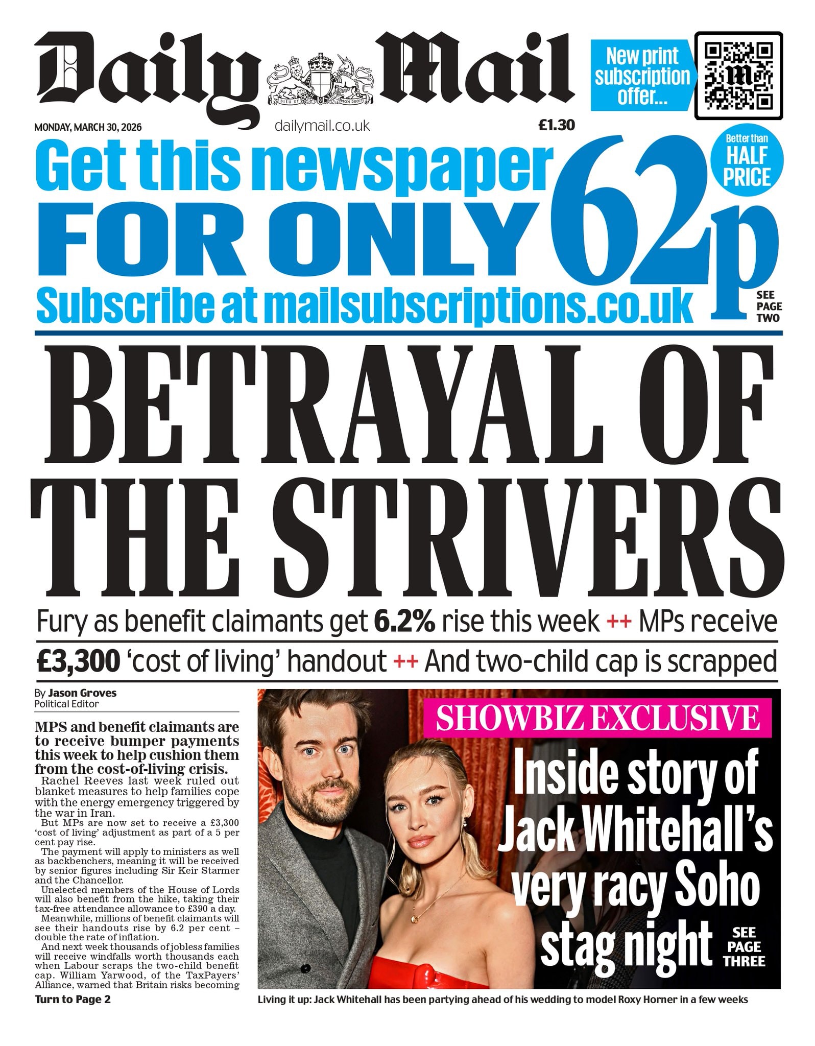 Front page of Daily Mail, 30 March 2026