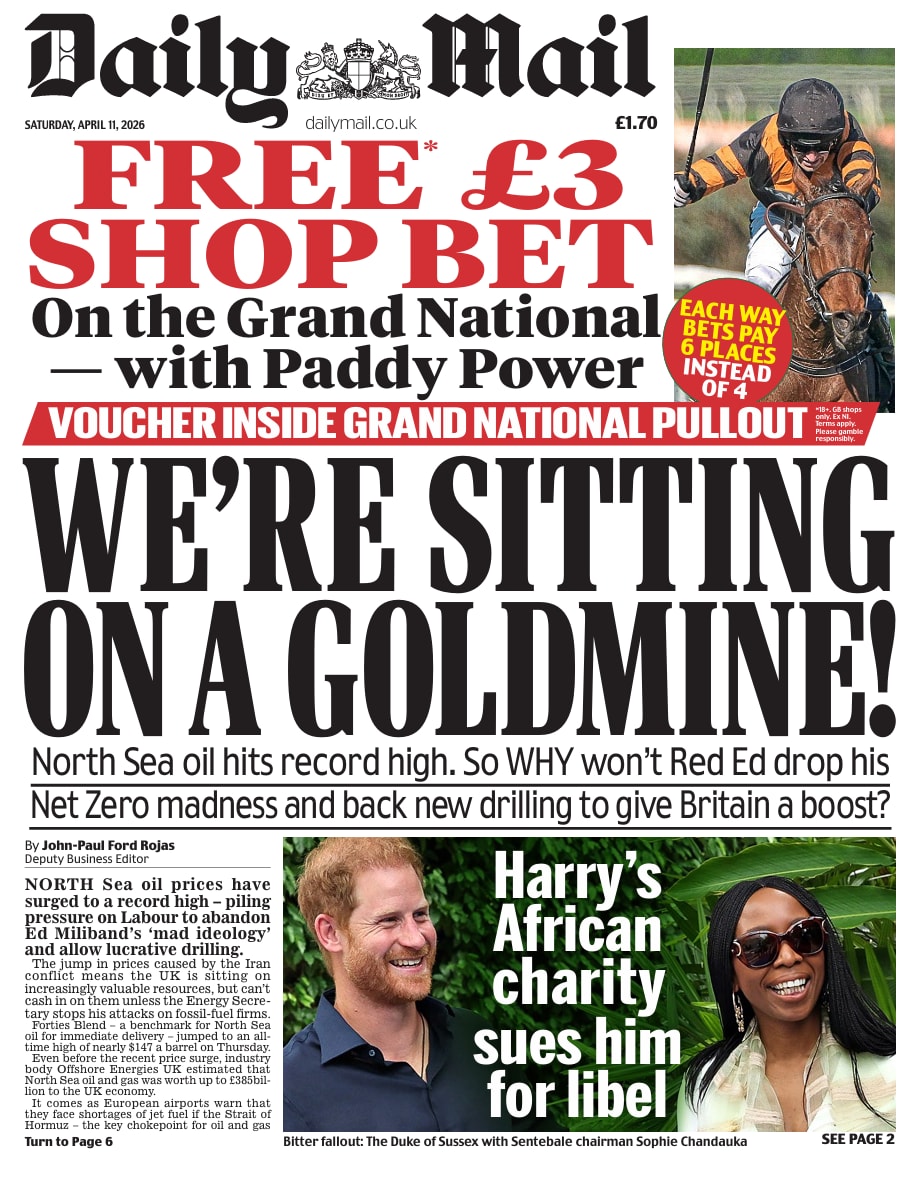 Front page of Daily Mail, 11 April 2026