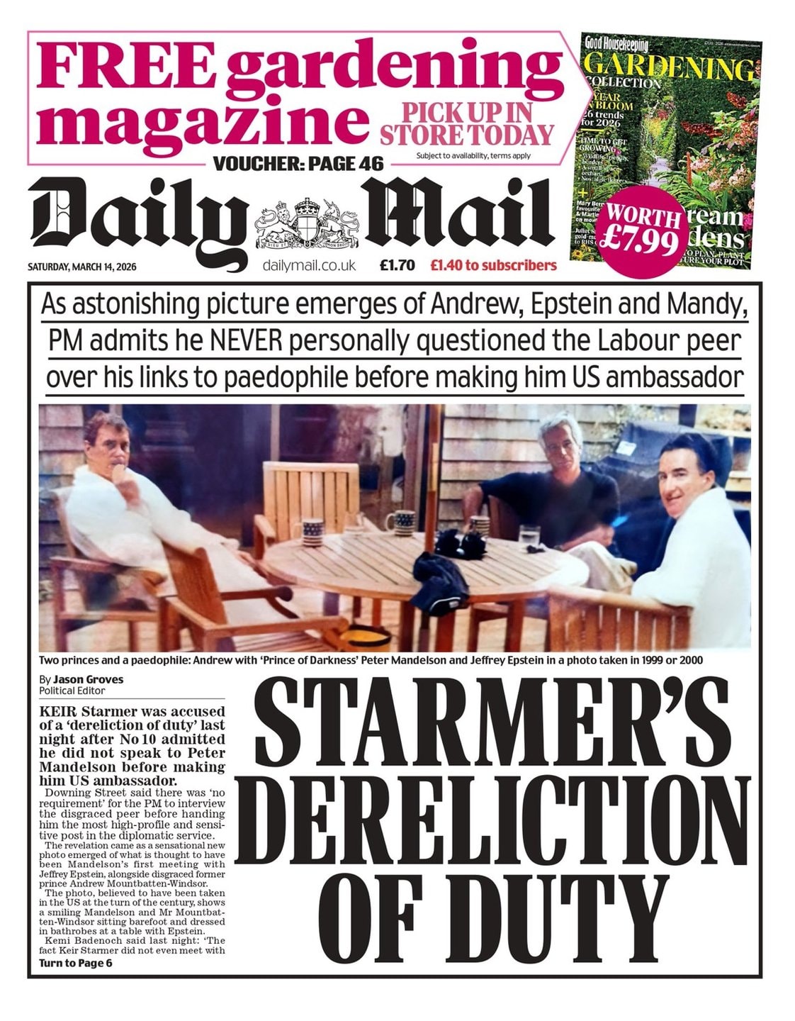 Front page of Daily Mail, 14 March 2026