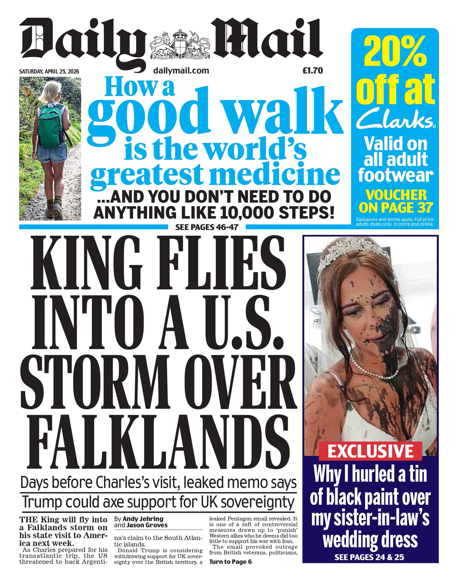 Front page of Daily Mail, 25 April 2026